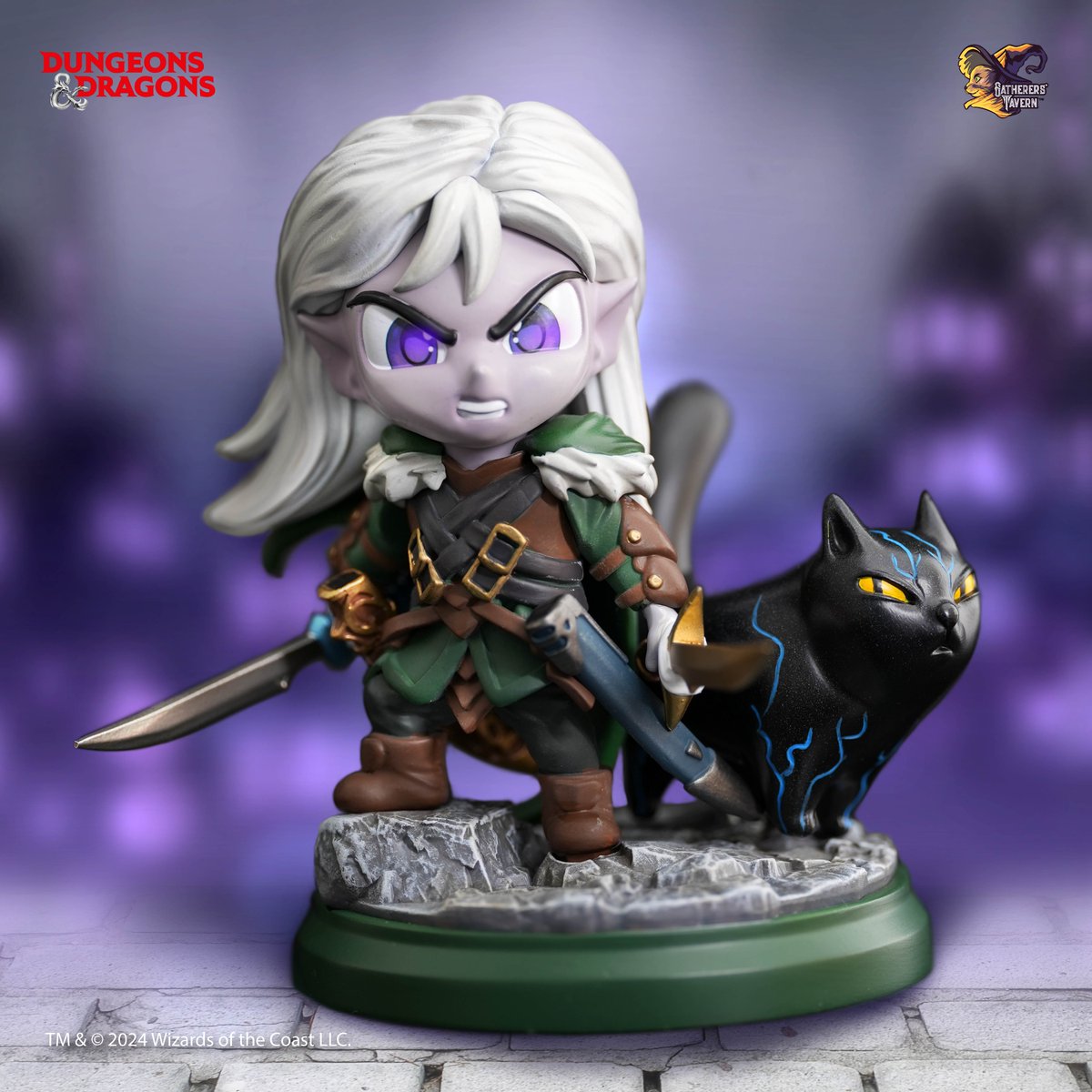 Wizards_DnD's tweet photo. Leaping into the fray with Guenhwyvar at his side and his trusty double scimitars drawn and ready, the brave Drizzt faces yet another adventure into a realm unknown, albeit in a cuter form this time! https://t.co/qa3MRfXw2h