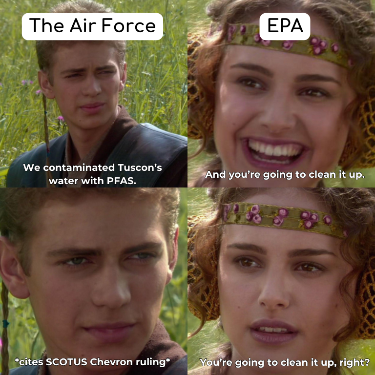 water_hub's tweet photo. #ChevronRuling meme dump, anyone?
ICYMI, the US air force is refusing to comply with an order to clean up #DrinkingWater that they contaminated with #PFAS— citing the controversial Chevron ruling. More from @PomTerkins in @guardian: https://t.co/vBNP3Lgcuu
#WaterNews #Memes https://t.co/NbE3tiOylA