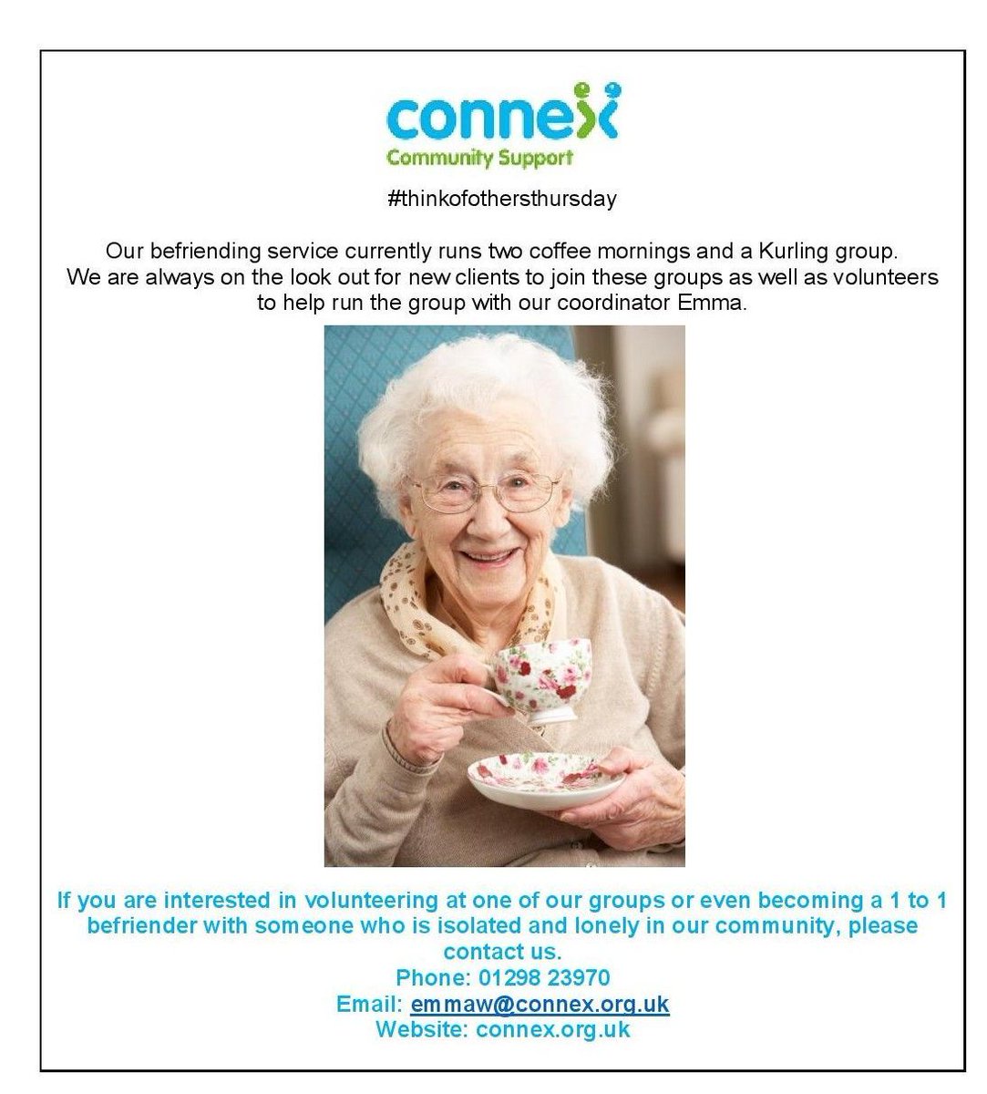 ConnexCommSupp's tweet photo. We are recruiting befriending volunteers for Buxton and the surrounding areas.
If you would like more information about this rewarding volunteering role please do contact us.
#thinkofothersthursday https://t.co/9b1AaEwyWd