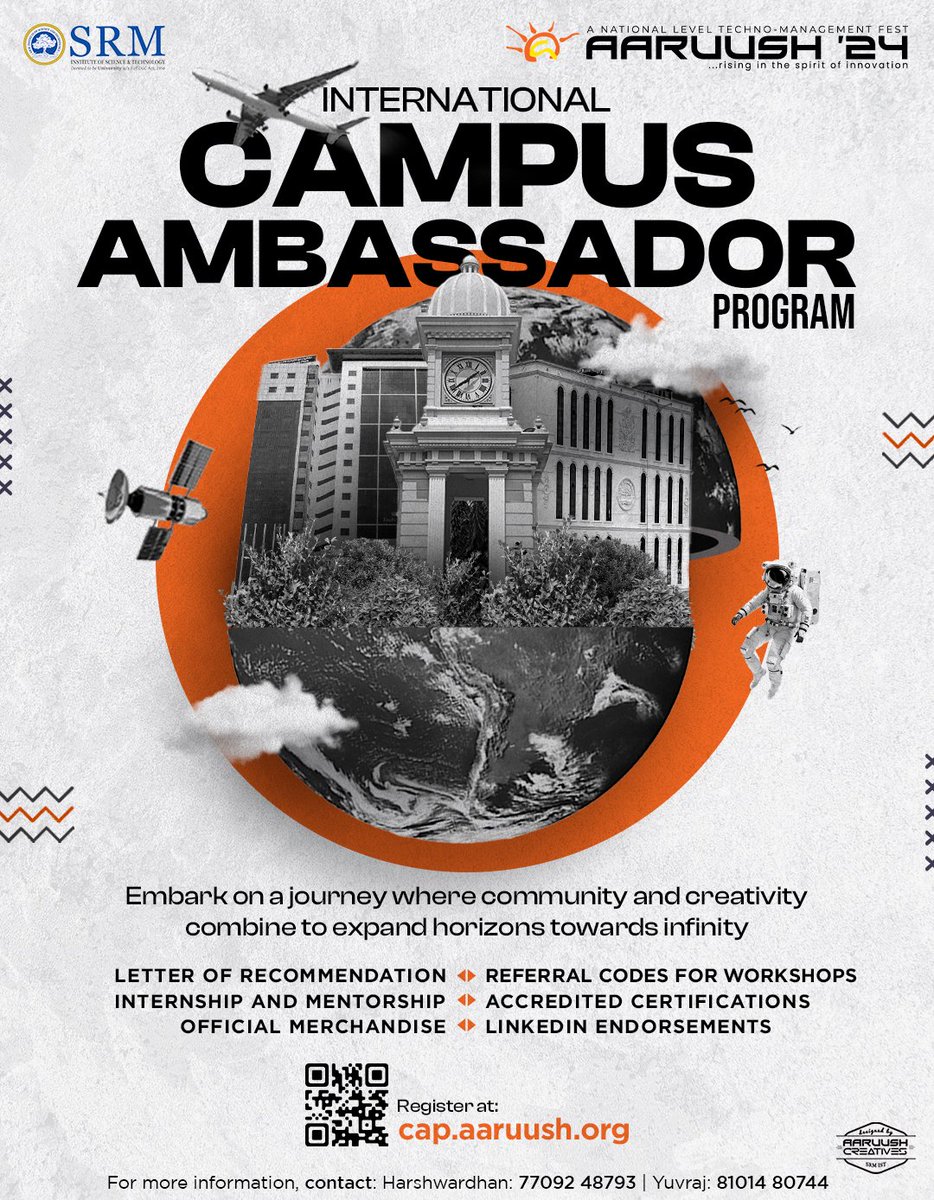 aaruushsrmist's tweet image. Ready to lead innovation and creativity on a global scale? Join Team Aaruush’s International Campus Ambassador Program and connect with a worldwide community that’s reaching for the stars!

#campusambassadorprogram #community #International #Aaruush #SRMIST