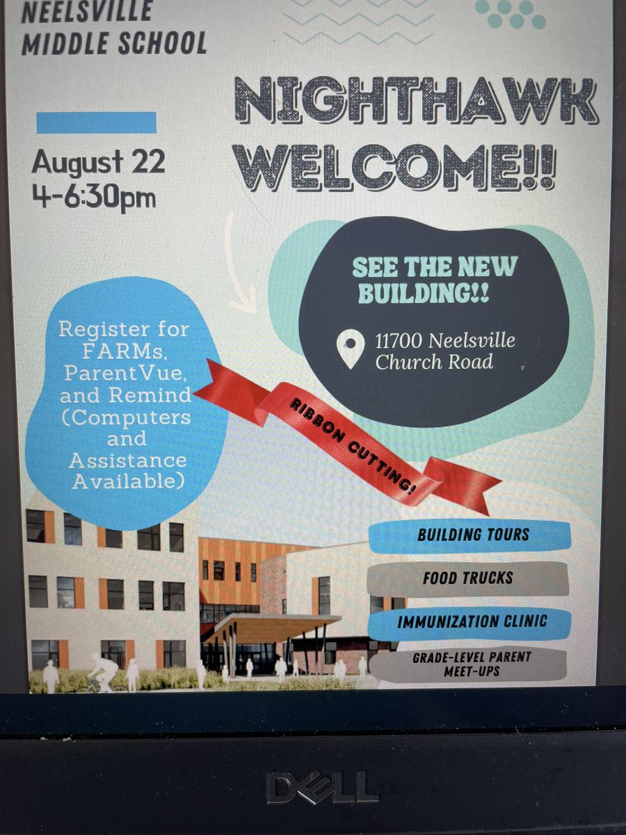 CSLNeelsvilleMS's tweet photo. We are so excited: New SY 2024-25 and New School Building 🏫@NeelsvilleMS ! Come an join us on Thursday, August 22 to Nighthawk Welcome Event 🎉🎊⭐️. See the new building, get inf about resources, food trucks, greet&amp;meet &amp;much more! @CSconnect_MCPS https://t.co/SBwM0enYxP