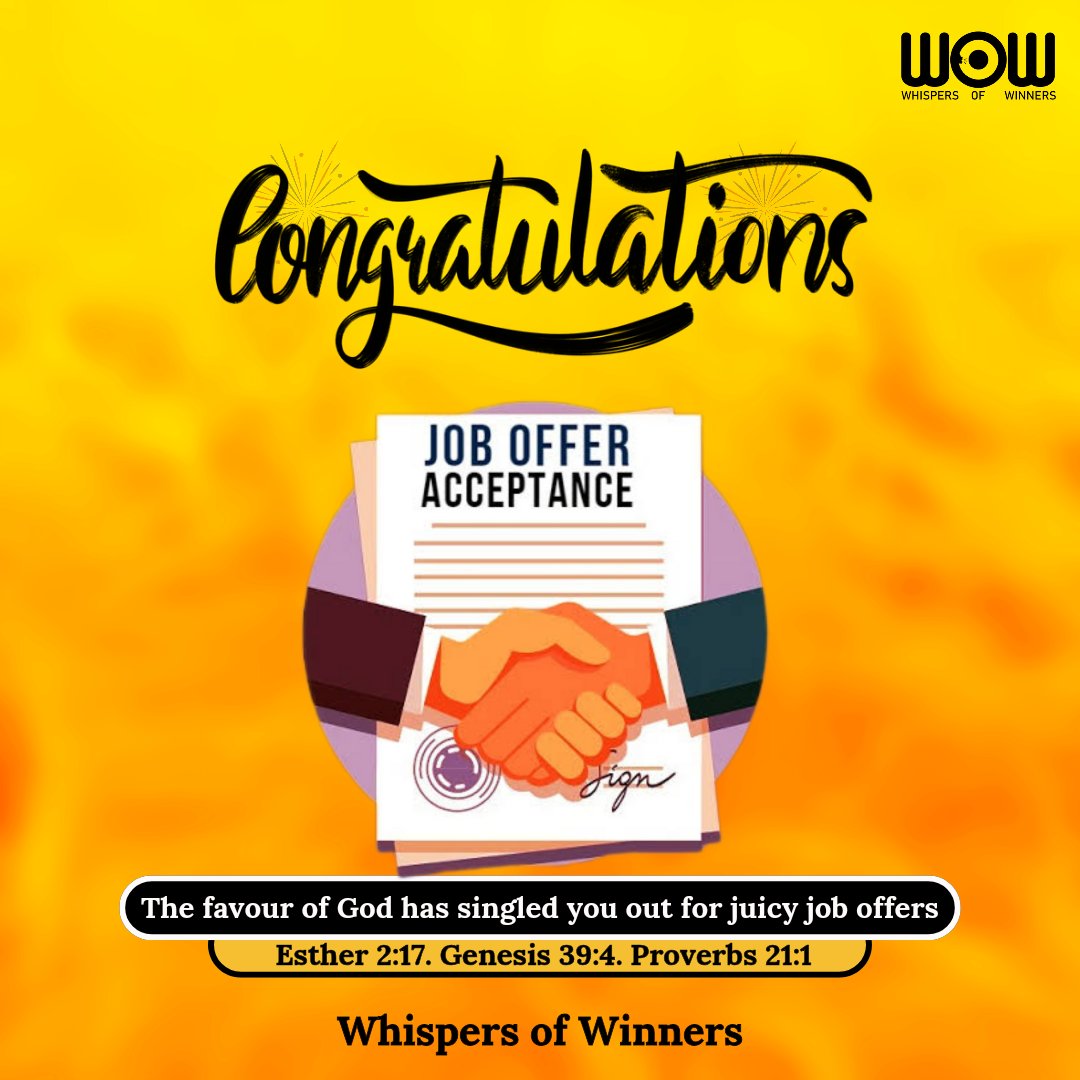 WinnersWhispers's tweet photo. Congratulations! The favour of God has singled you out for great offers and opportunities this season. You will get favourable approvals, appraisals, and appointments in Jesus' name.

Claim it with faith and type: "Congratulations to me, I have received special offer letters by God's favour."