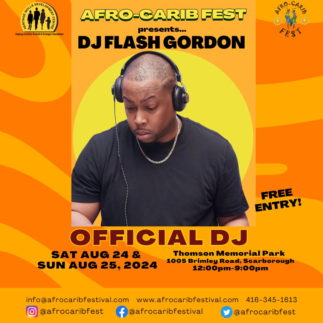 We’re happy to announce that <a href="/DJFlashGordon/">Flash Gordon the DJ ⚡️</a> will be one of the official DJ’s for Afro-Carib Fest 2024. If you want good vibes and even better music come check him out at ACF! 
Date: August 24th-25th
Time: 12 PM - 9 PM
Venue: Thomson Memorial Park
#AfroCaribFest2024 #DJFlashGordon