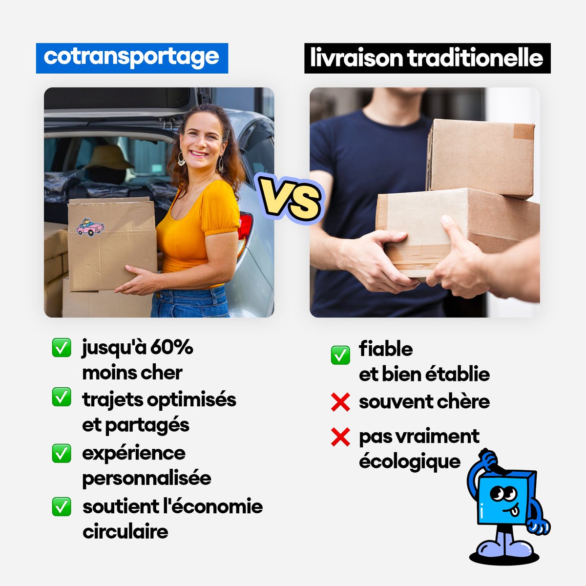 🥊 Livraison traditionnelle vs. Cotransportage : Avec <a href="/cocolis_fr/">Cocolis</a>, économisez jusqu'à 60% sur vos frais de #livraison et réduisez votre empreinte carbone. Vous faites un geste pour la planète tout en soutenant l'économie locale. 🌍