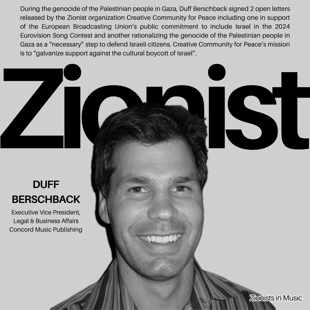 zionistsinmusic's tweet photo. Executive Vice President of Legal &amp; Business Affairs at Concord Music Publishing (@concordmusicpub) is Zionist Duff Berschback. Concord Music Publishing represents artists like Daft Punk, Denzel Curry, Jacob Collier, BIA, Cautious Clay, and many more. https://t.co/GXcWUDHMfC