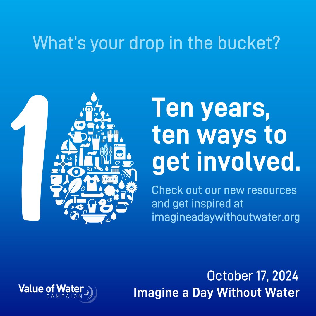 The 10th annual #ImagineADayWithoutWater is around the corner! To celebrate, we’re excited to unveil 10 new ways to get involved💧 Click for customizable resources to use and share—from social media toolkits to community event inspo and more: uswateralliance.org/programs/the-v…