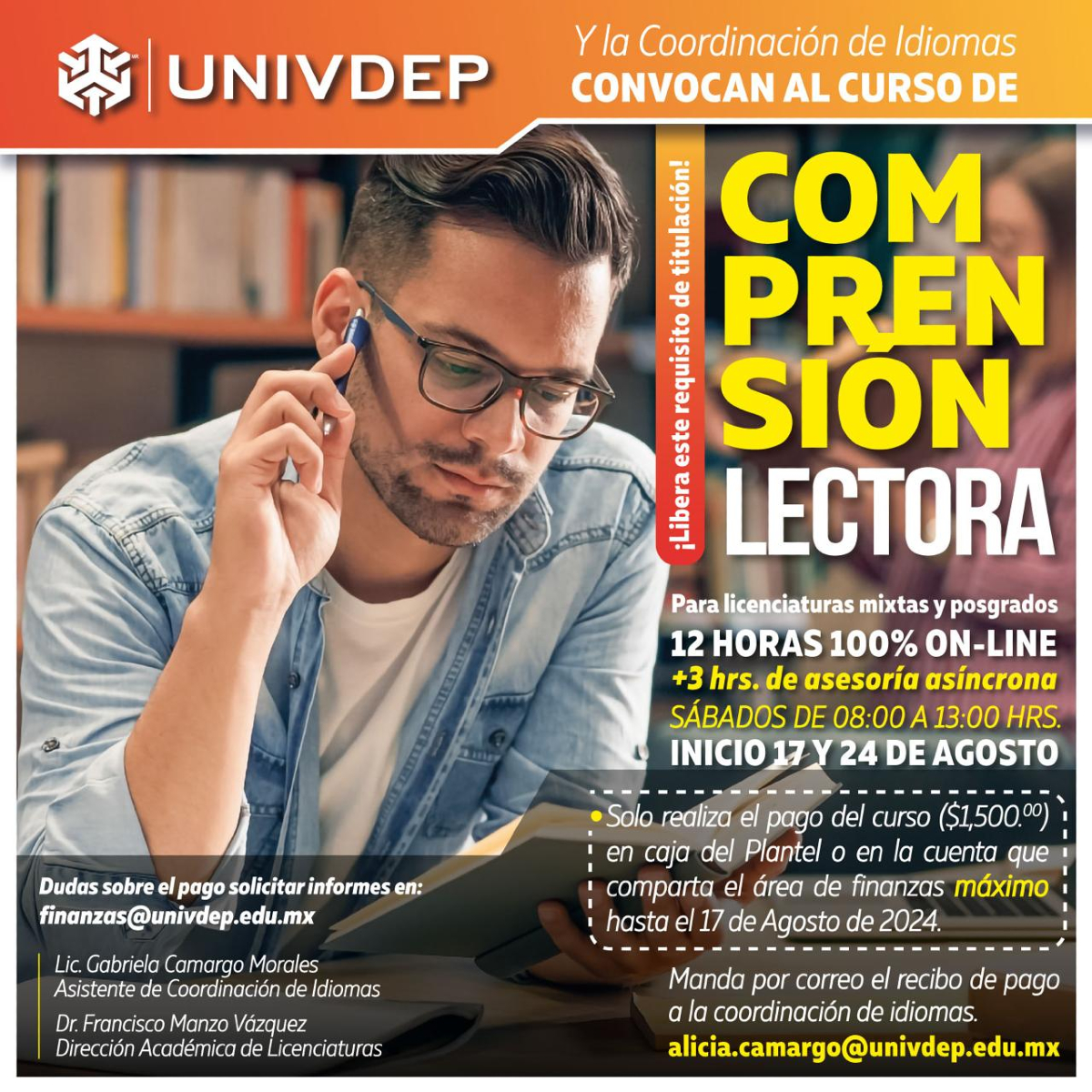 UNIVDEP's tweet photo. Llega la convocatoria para el Curso de Comprensión Lectora.

Solicita más información a: finanzas@univdep.edu.mx

#ComunidadUNIVDEP
#universidad
#idiomas https://t.co/THJY4QLBll