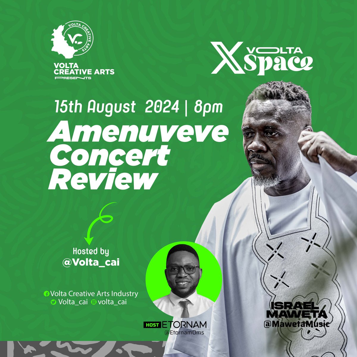 Tonight on <a href="/Volta_CAI/">Volta Creative Arts</a> space at 7:45pm we are reviewing #AmenuveveConcert  @mawetamusic <a href="/Events21Ghana/">Events 21 Ghana</a>  host <a href="/EtornamOms/">Samuel Etornam Kwasi Lavoe</a> #FeelTheVibe 
x.com/i/spaces/1lDxL…