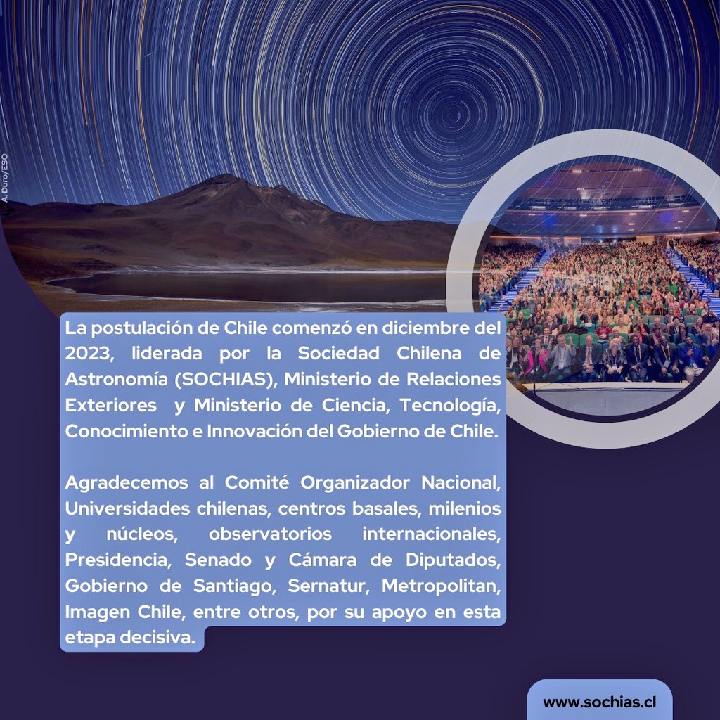 sochias_cl's tweet photo. ¡Estamos emocionados de anunciar que la XXXIV Asamblea General de la Unión Astronómica Internacional (UAI/IAU) tendrá lugar en Santiago de Chile en 2030! 
Este gran logro es el fruto de meses de arduo trabajo y esfuerzo conjunto de SOCHIAS, Gobierno de Chile junto al... [1/5] https://t.co/P1aWuUbbJP