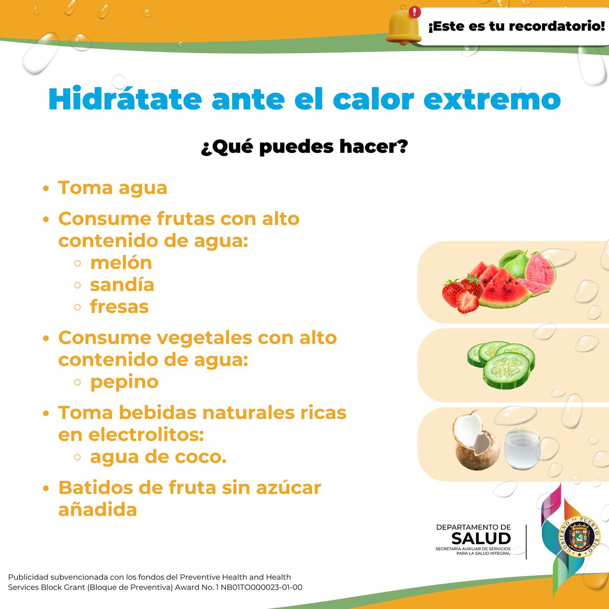 ActivatuSaludPR's tweet photo. Durante las olas de calor, es importante mantener tu hidratación al máximo. Esto te ayudará a reducir las posibilidades de un golpe de calor. 

Conoce algunas maneras de hidratarte. 

#CalorExtremo #Hidratación #CuidaTuSalud #ConsejosDeSalud https://t.co/BxaZdFC3KH
