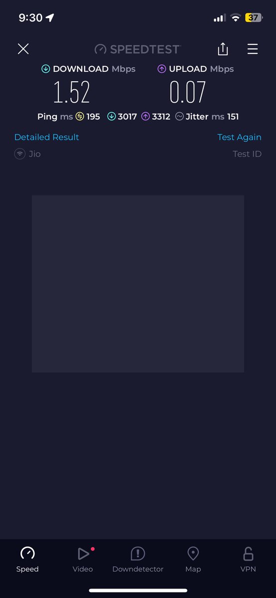 pranjalkonwar's tweet photo. After repeated posting &amp; complaints #jio #jiofiber sent someone to my house  last Friday to resolve the issue. It’s now hit the biggest low, 1.52 Mbps download &amp; 0.07 Mbps upload speed on a 100 Mbps broadband connection. Is this your Freedom Offer? https://t.co/43UjG8bX4B
