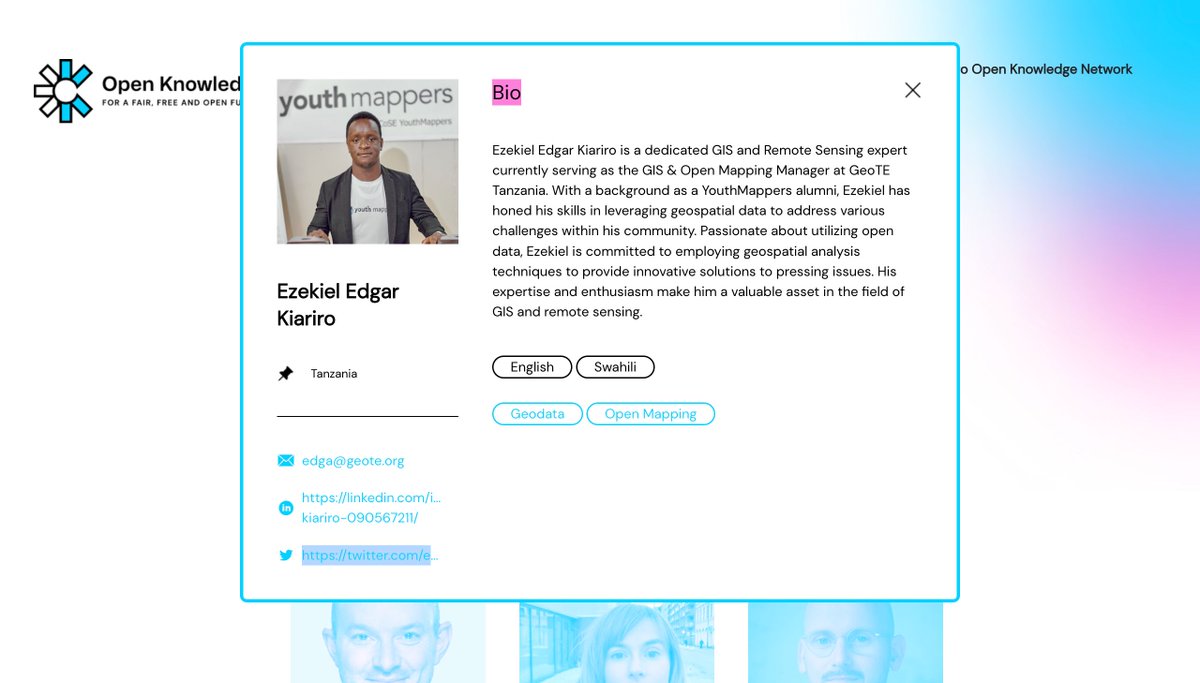 OKFN's tweet photo. β¨ New specialist in the #OpenKnowledgeDirectory
π @ezekiel_kiariro is a remote sensing expert currently serving as the #GIS & #OpenMapping Manager at @Geotetanzania.
ππΎ Meet him at https://t.co/eRQIMCmXGS
β Nominate a specialist: https://t.co/Fz6sA484E9 https://t.co/r2o7Fpx766