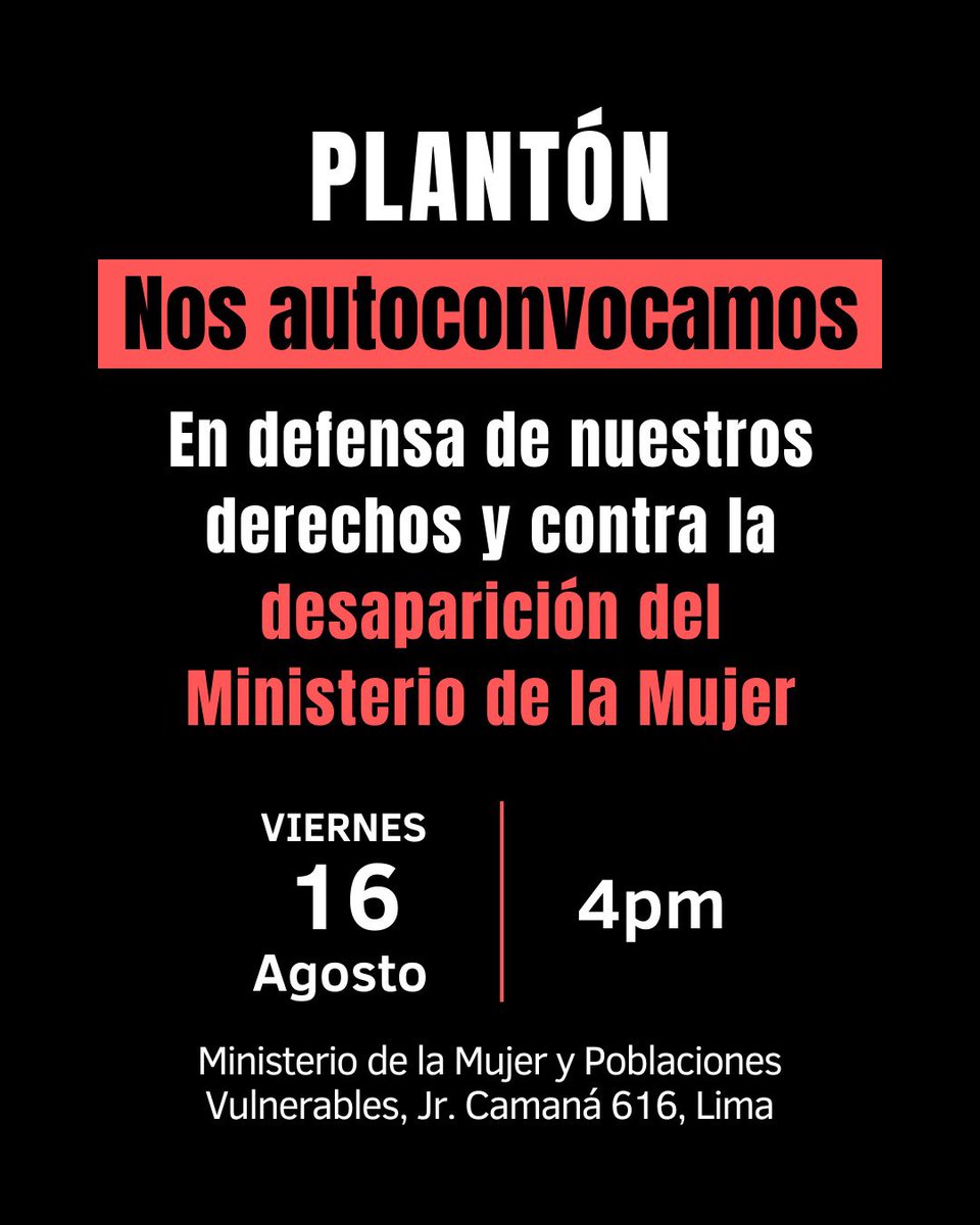 MujeresNP's tweet photo. No podemos permitir que quieran desaparecer el MIMP y vulnerar derechos de niñas, jóvenes y mujeres en el país. Por ello, nos AUTOCONVOCAMOS mañana viernes 16 a las 4pm frente al MIMP para hacernos escuchar ante las nefastas medidas planteadas por el Gobierno‼️

#ElMIMPSeQueda https://t.co/DKlMtsEk0U