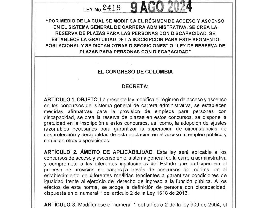 cabogadosa1's tweet photo. LEY 2418/24
"POR MEDIO DE LA CUAL SE MODIFICA EL RÉGIMEN DE ACCESO Y ASCENSO EN EL SISTEMA GENERAL DE CARRERA ADMINISTRATIVA, SE CREA LA RESERVA DE PLAZAS PARA LAS PERSONAS CON DISCAPACIDAD (…)”, será del 7% en concurso de ascenso y del 7%  ingreso
https://t.co/quLGnRq8oD https://t.co/dBIuZwRkyC