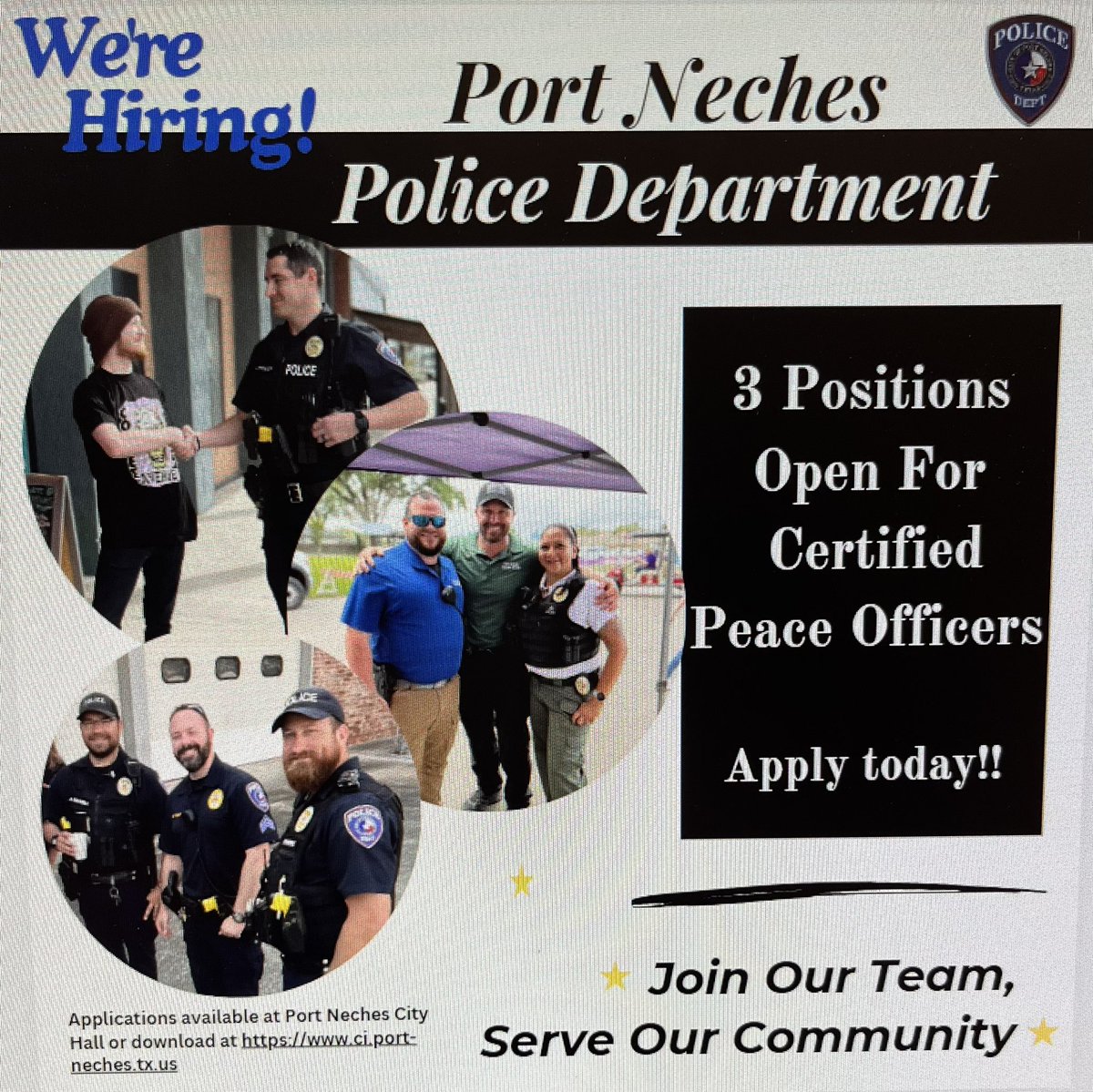 PortNechesPD's tweet photo. ***Hiring 3 Officer positions***
Applications due by Aug.30, 2024 by 5pm

Visit the city website for more information and to download an application. 

https://t.co/GtLCJ1LJh8 https://t.co/pkDKVXfYfH