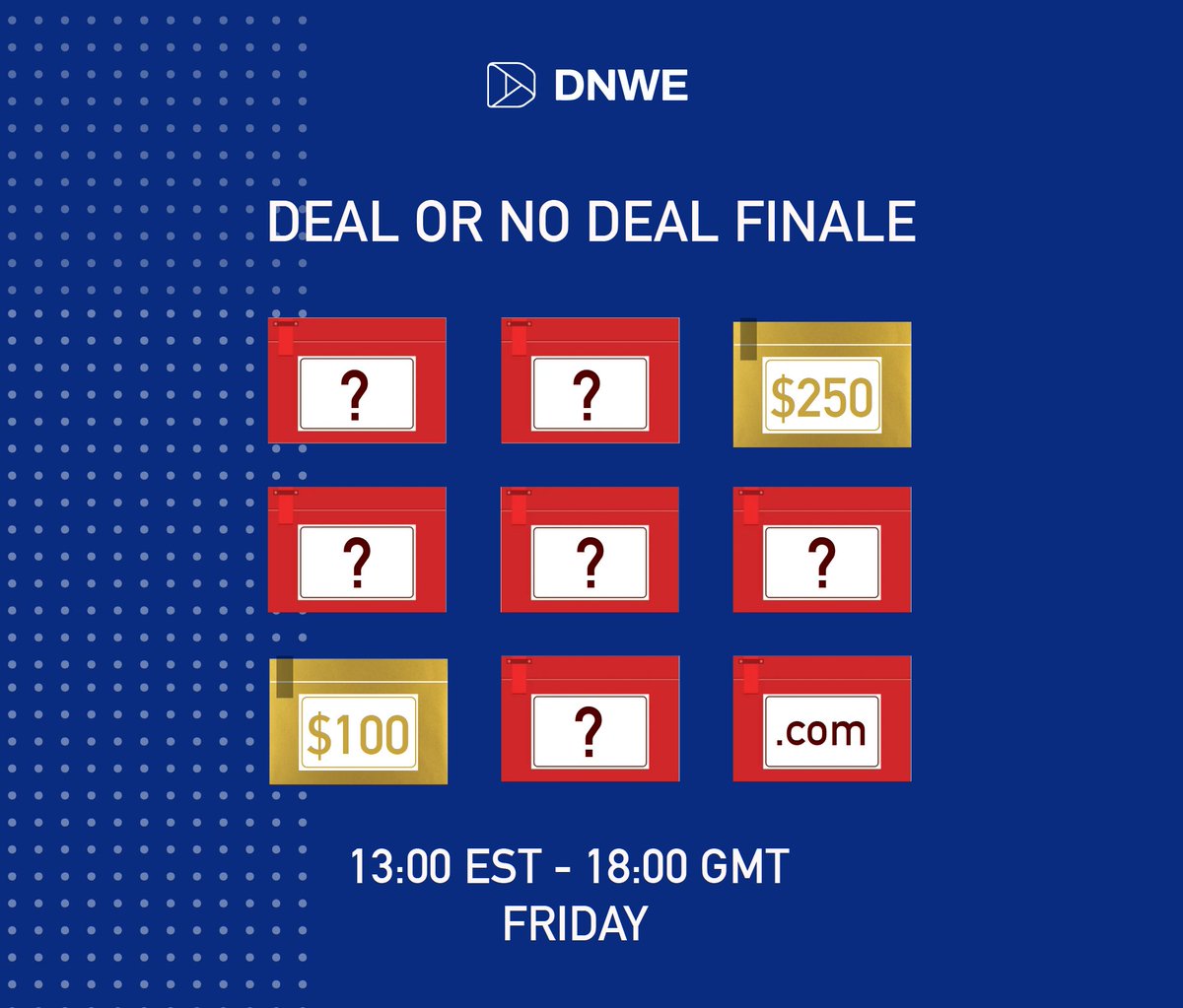 The final challenge of the scavenger hunt starts tomorrow.

Each Red box contains a letter that, when combined, reveals the headline domain name (worth $5,000).

Find a Gold box and enter a cash prize giveaway along the way.

Find the first box at community.dnwe.com