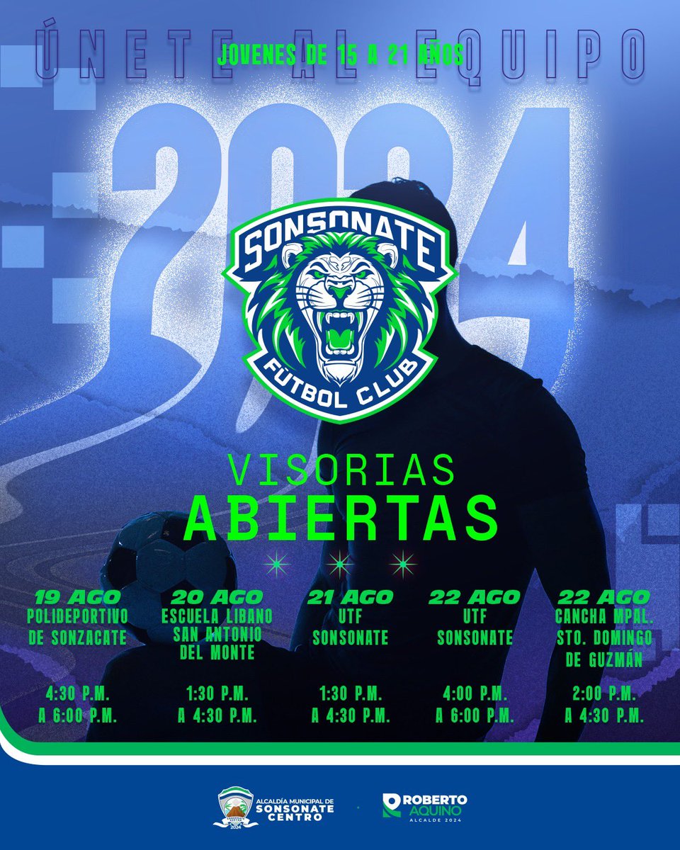 ⚽ ¡Visorias Abiertas! 🦁 Jóvenes de 15 a 21 años, ¡esta es tu oportunidad de unirte al Sonsonate FC!

🗓️ 19-22 AGO | Diferentes sedes en Sonsonate.

¡Demuestra tu talento y únete a la familia de los leones! 💪