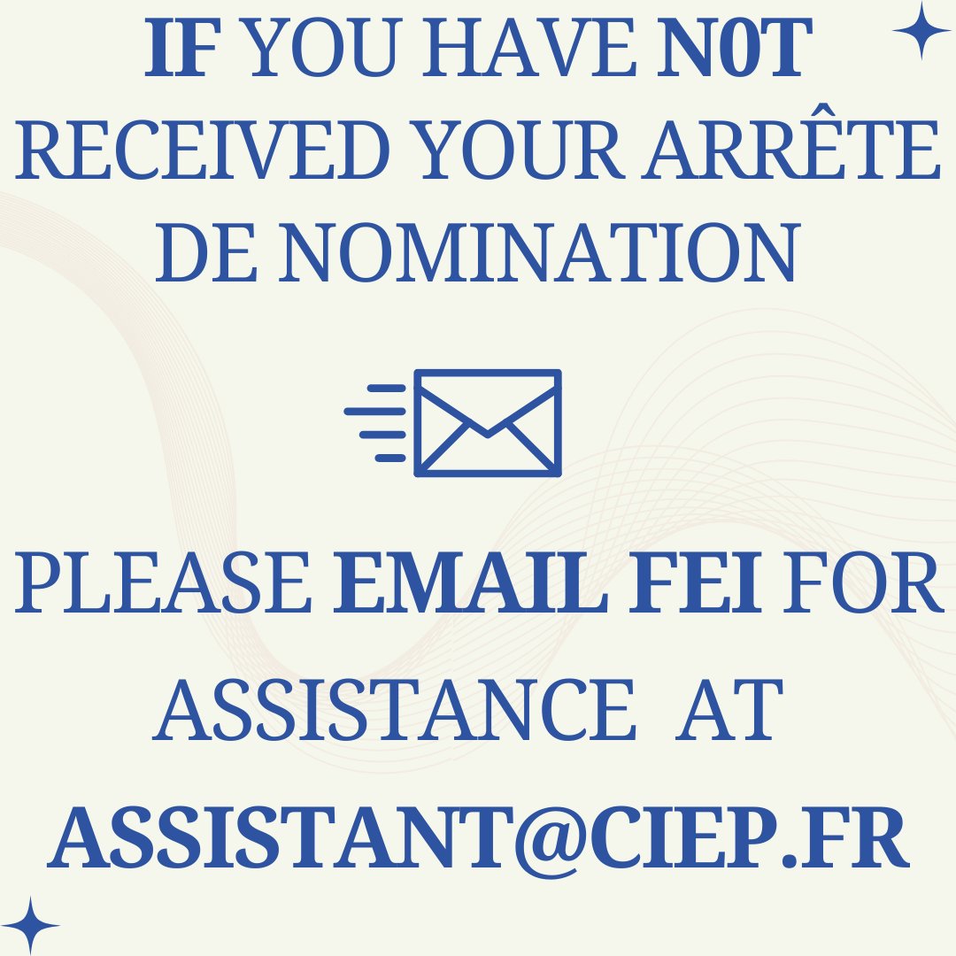 Tapif_USA's tweet image. 📅📩 Important notice: If you haven&apos;t received your work contract (Arrête de nomination) by August 19th, reach out to FEI at Assistant@ciep.fr for assistance. Stay informed and prepared! #WorkContract #FEI #StayInformed #Tapif