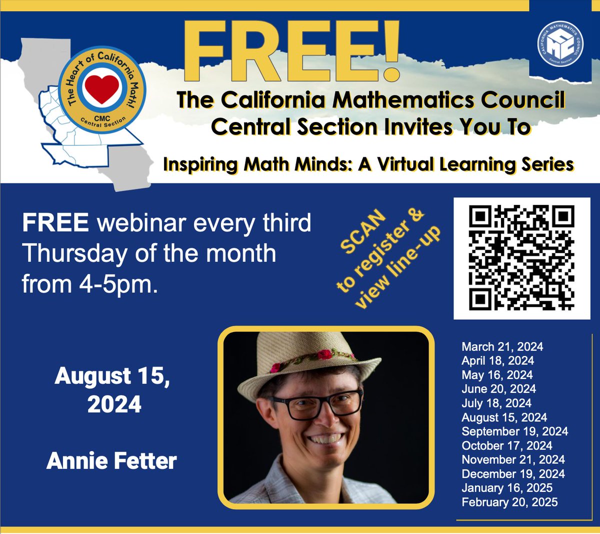 Join us today at 4pm Pacific Time to learn from the great Annie Fetter.

Register here to get the Zoom link:
cmcmath.org/cmc-central/vi…

<a href="/CAMathCouncil/">CMC - CA MathCouncil</a>