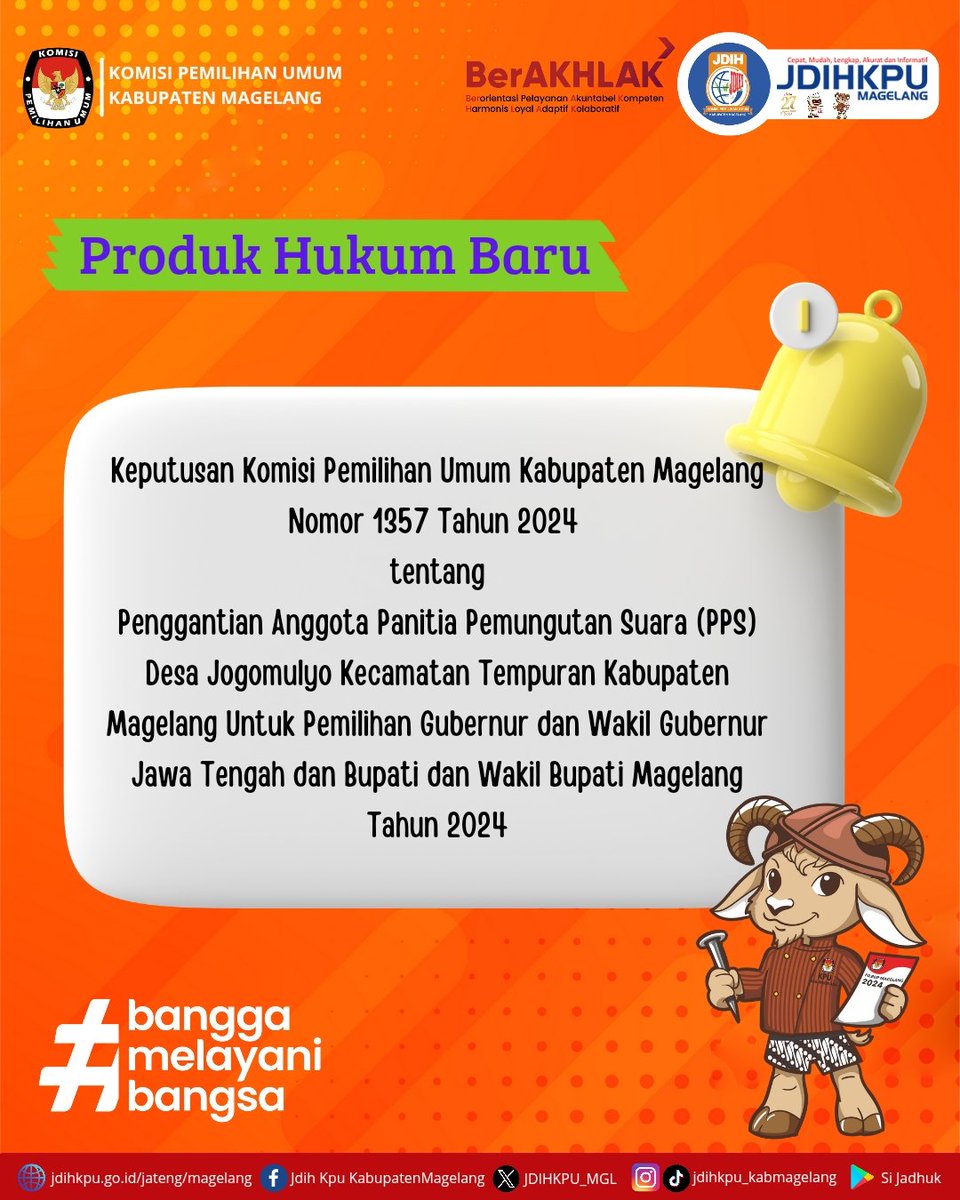 JDIHKPU_MGL's tweet photo. Hai #sobatjdihkpumagelang, diinformasikan bahwa pada hari ini informasi/produk hukum berikut telah dapat didownload di web JDIH KPU Kabupaten Magelang:

Keputusan Komisi Pemilihan Umum Kabupaten Magelang Nomor 1357 Tahun 2024 
Link : https://t.co/g76lhoc5mN

Terima kasih https://t.co/WjQcpg1LSX