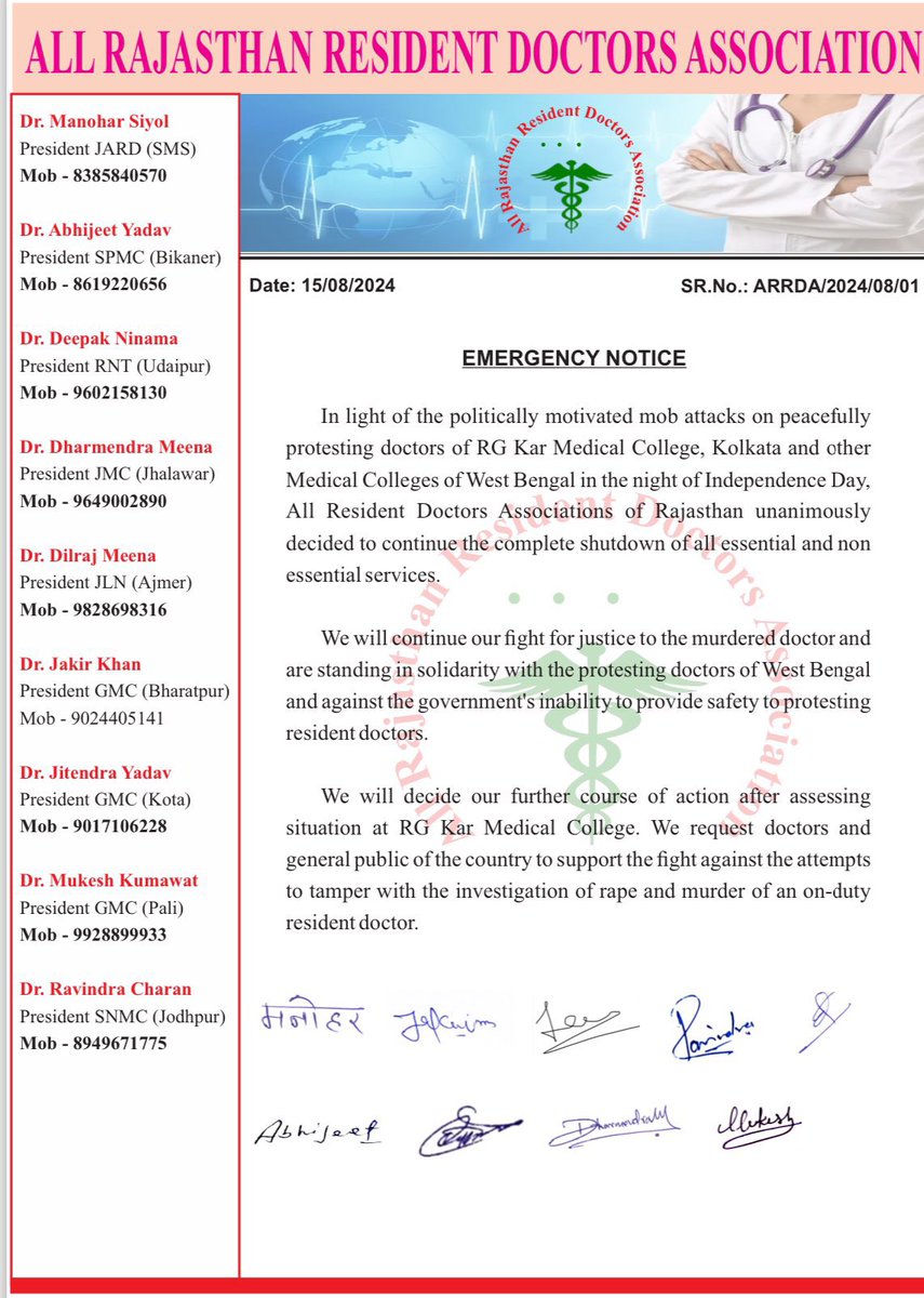 manish__aman's tweet image. All Rajasthan Resident Doctors Association has announced complete shutdown of all Non-Essential and Essential Services including EMERGENCY 🚨

Highly appreciable, Great move 👏

#DoctorsSafety