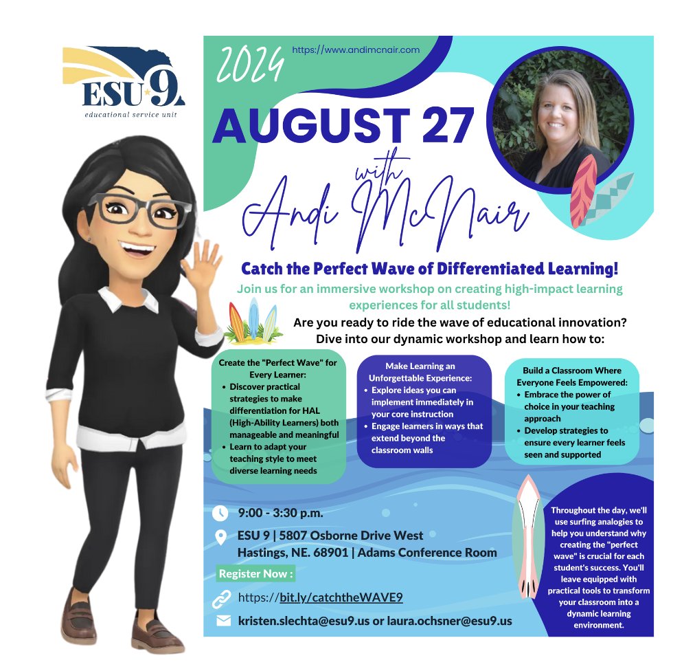 #ESU9 invites K-12 educators to join us for Differentiated Learning with the amazing Andi McNair! Kristen Slechta highly recommends it! If you are part of the ESU 9 HAL Consortium, this is a MUST-SEE! Register today for August 27th: bit.ly/catchtheWAVE9