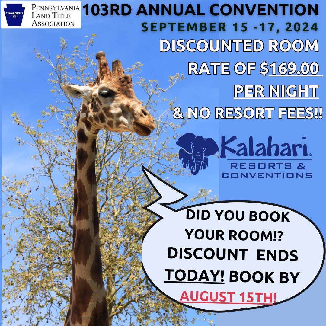 FINAL DAY to book discounted rooms at $169 per night; rate ends today, August 15, 2024, at Kalahari Resort. Book online: book.passkey.com/event/50670804…