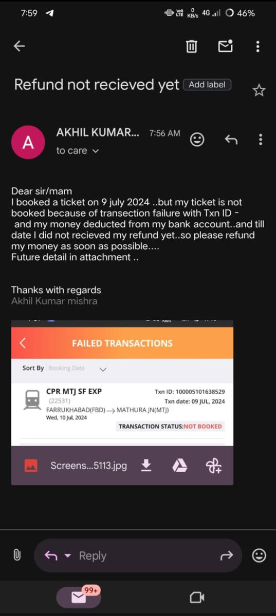ankitgupta4bjp's tweet photo. IRCTC ऐप से 9-07-24 को  फर्रुखाबाद से मथुरा जाने के लिए ट्रेन का टिकट बुक किया जिसका पेमेंट मैने Phonepe से किया पैसा क��� गया टिकट बुक नहीं हुआ  कई बार मेल और कॉल करने के बाद अभी तक रिफंड नहीं आया कोर्ट का सहारा लेना पड़ेगा @PhonePe @IRCTCofficial @Central_Railway @nsitharaman https://t.co/PIyWrZA76a