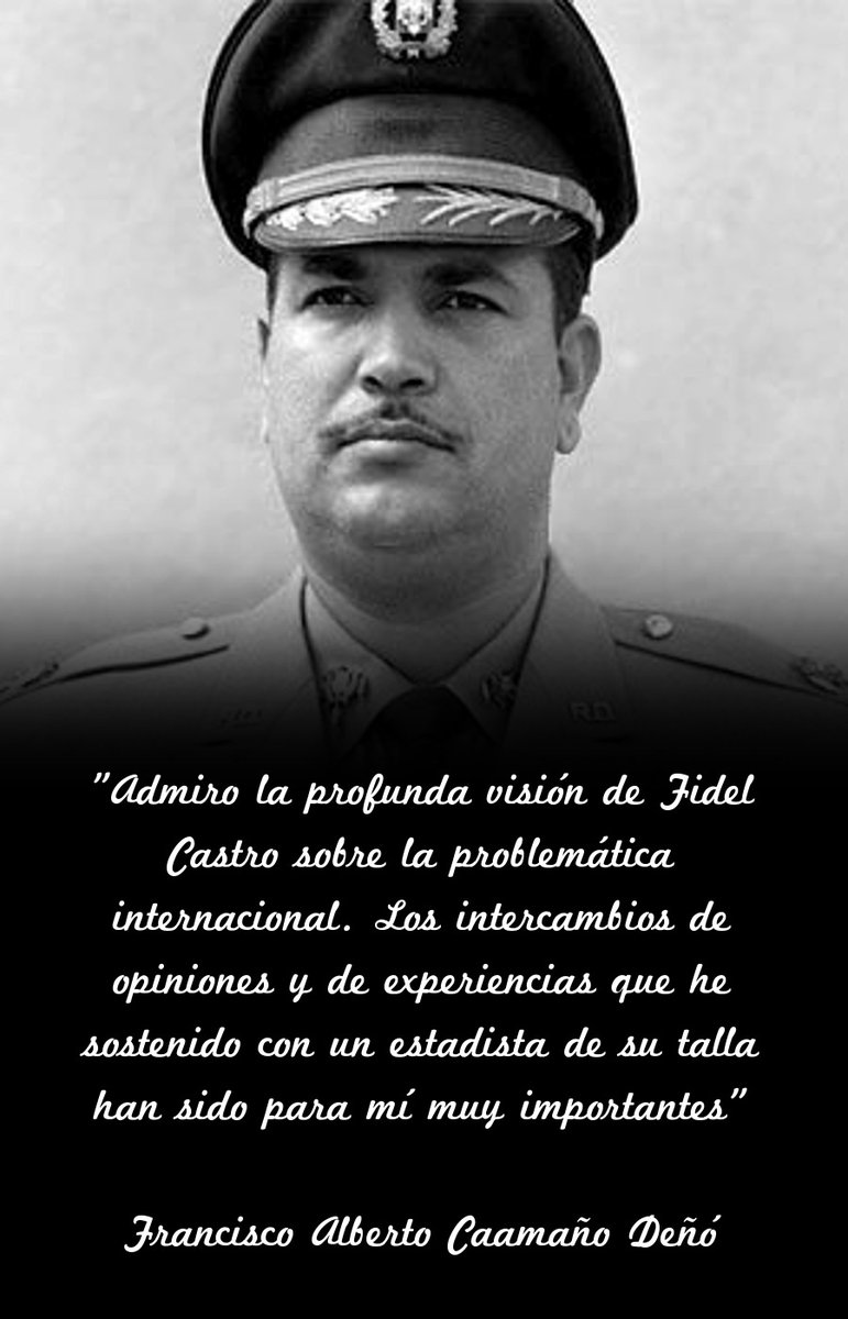 👌“Admiro la profunda visión de #FidelCastro sobre la problemática internacional. Los intercambios de opiniones y de experiencias que he sostenido con un estadista de su talla han sido para mí muy importantes”.

👉Francisco Caamaño, revolucionario dominicano

#SoldadoDeIdeas
