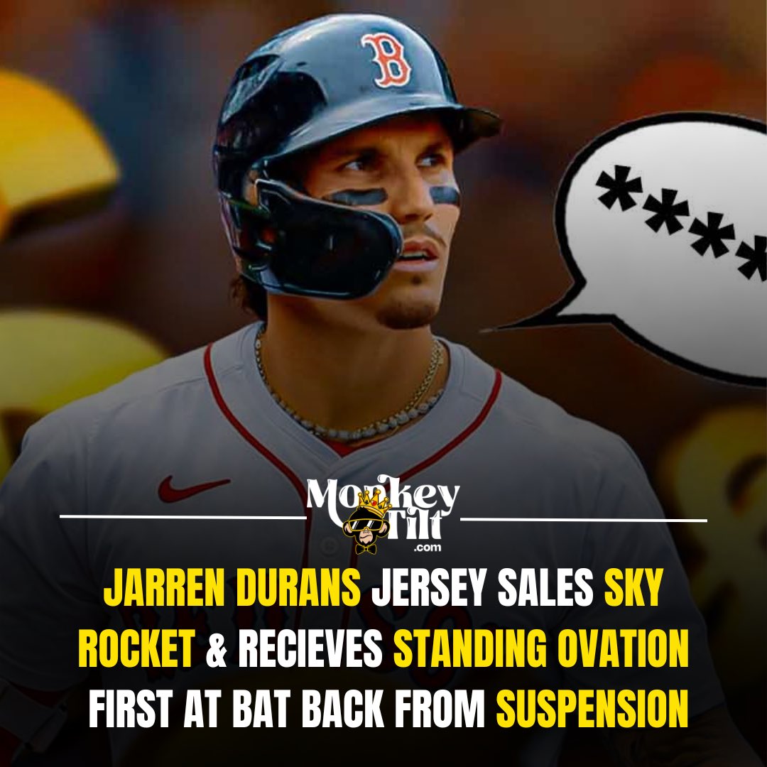 MonkeyTilt's tweet photo. Red Sox outfielder, Jarren Duran sets an MLB record for jersey sales in a day following his suspension for using homophobic slurs

Duran is now first in jersey sales over Ohtani

He received a standing ovation from Red Sox fans during his first at bat back from suspension https://t.co/MRXhHPH1Uv
