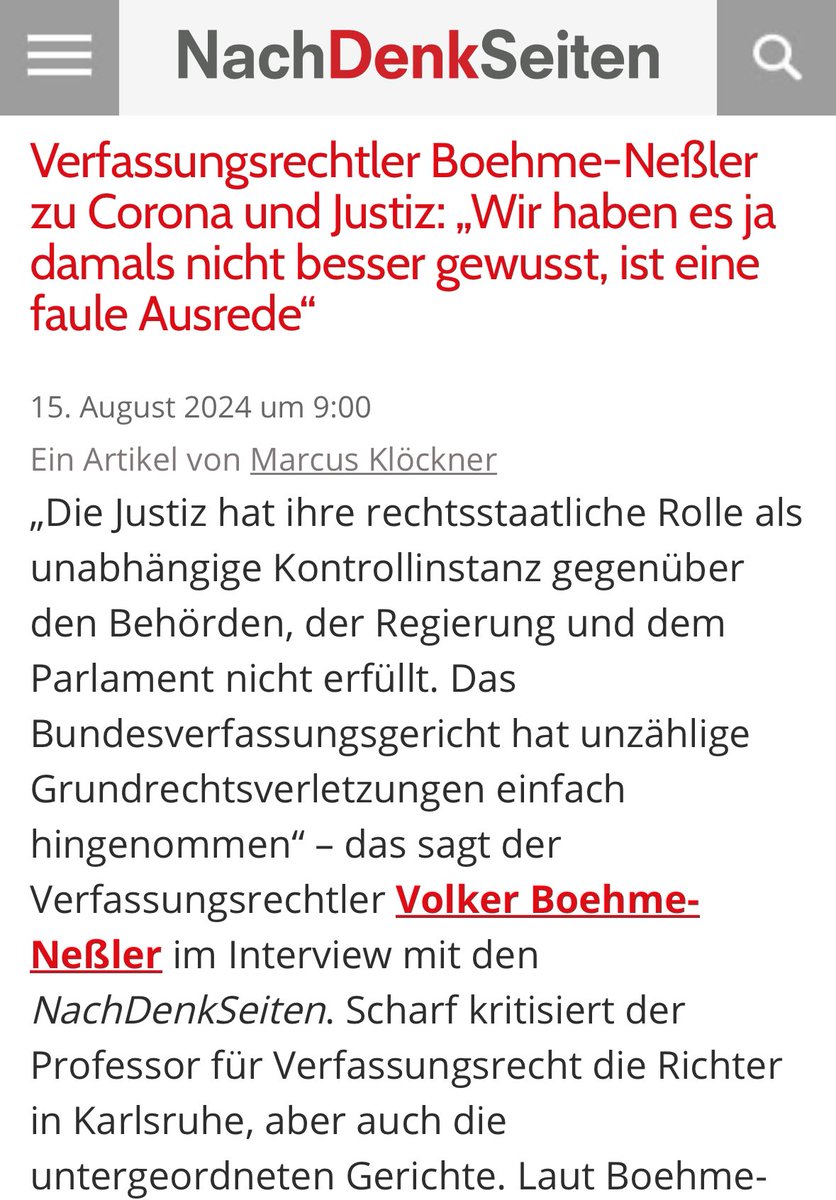 rosenbusch_'s tweet photo. „Laut Boehme-Neßler haben Richter „das gemacht, was viele in Politik und Gesellschaft gemacht haben. Sie haben die Kritiker stigmatisiert, in eine Ecke gestellt, nicht ernstgenommen und ihre Argumente ignoriert. Das war ein schwerer Fehler.“ Ein Interview über Justizabgründe in Sachen Corona, die RKI-Protokolle und die Corona-Impfpflicht der Bundeswehr, die „nie hätte eingeführt werden dürfen“. Und: Boehme-Neßler fordert eine Amnestie für Verstöße im Zusammenhang mit den Coronamaßnahmen.“

https://t.co/NJegGYQtKf

https://t.co/yNEH2zCLPz