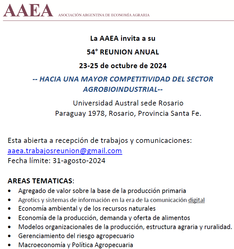 EconomiaAgraria's tweet photo. Toda la info de la La 54° REUNION ANUAL de AAEA:
23 al 25/10 de 2024:
1) NORMAS DE PRESENTACIÓN en:
https://t.co/xhzDqGSBk4
2) BECAS BID PARA JÓVENES PROFESIONALES:
https://t.co/enRT7yOKeQ

más info:  info.aaea@gmail.com o en https://t.co/KQ9CiKfRXf https://t.co/FBcjsjIfgC