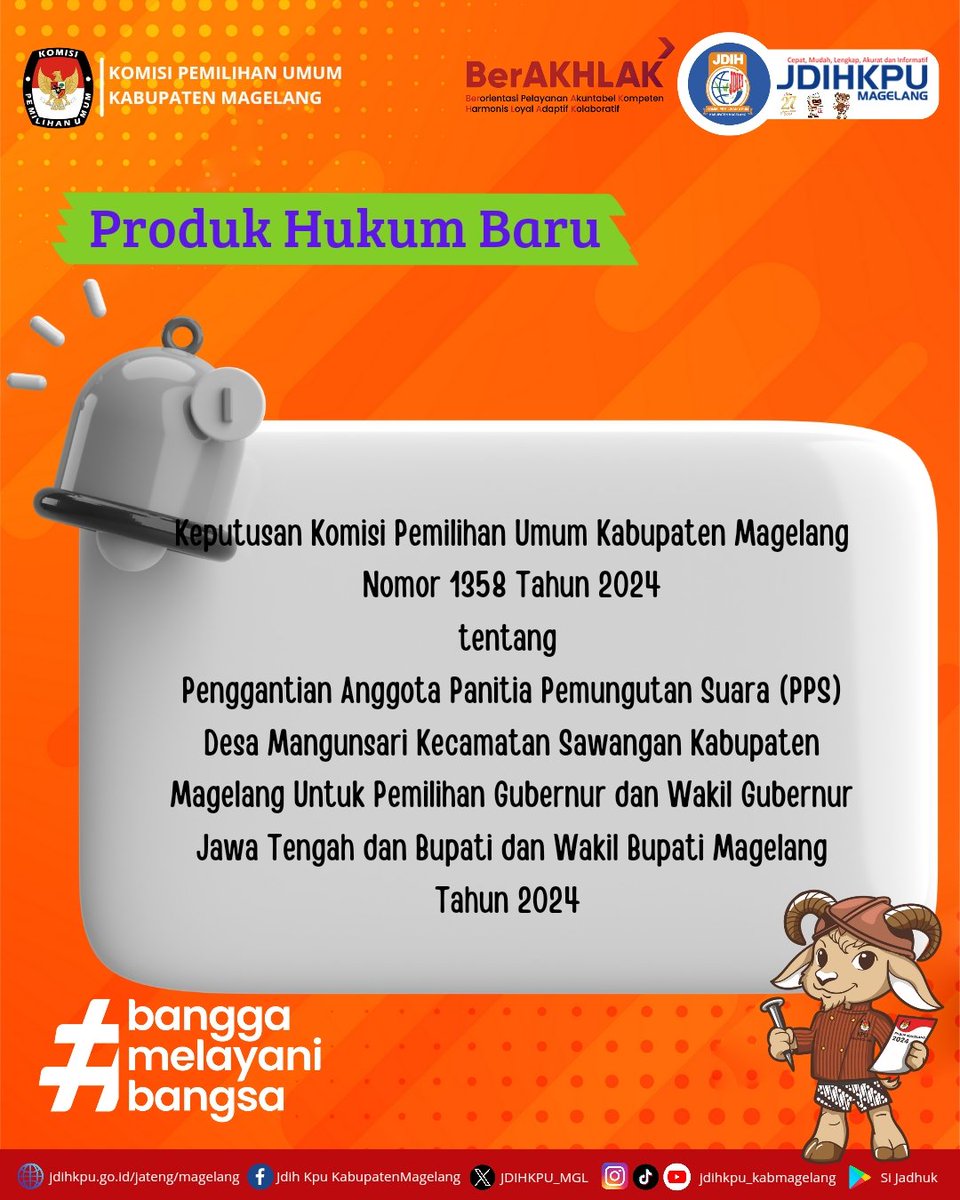 JDIHKPU_MGL's tweet photo. Hai #sobatjdihkpumagelang, diinformasikan bahwa pada hari ini informasi/produk hukum berikut telah dapat didownload di web JDIH KPU Kabupaten Magelang:

Keputusan Komisi Pemilihan Umum Kabupaten Magelang Nomor 1358 Tahun 2024 
Link : https://t.co/znVXO5a3EW

Terima kasih https://t.co/TkbabNihOf