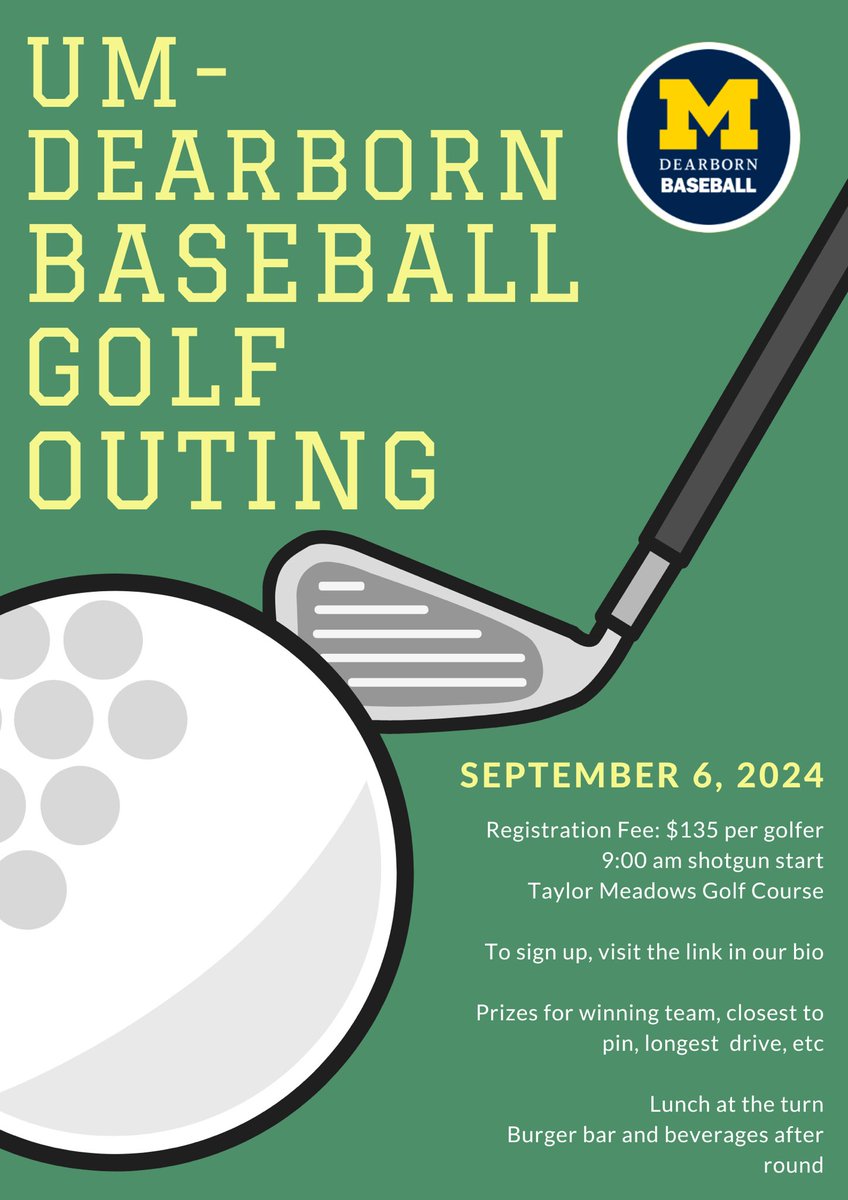 Whatcha doing on September 6th?

Come play in our annual golf outing for a chance to win some prizes!

Can’t make it but still want to support?
Sponsor a hole!

We look forward to seeing you there!

rsvp.umich.edu/UMD-Baseball-O…

#goblue #golf #golfouting