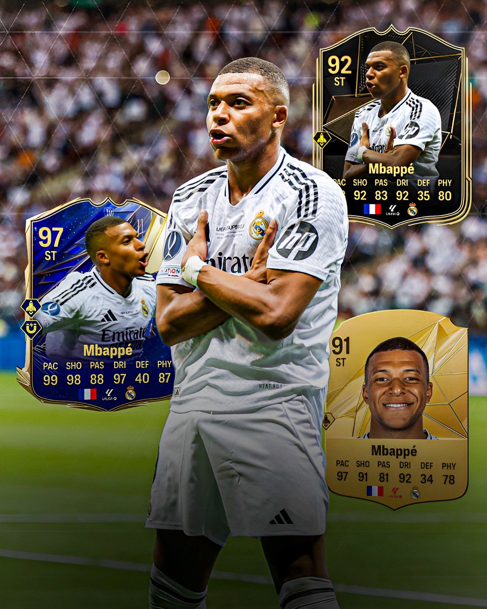 DEBUT MBAPPE 🚨 

Ayer fue el debut de Kylian con el Madrid, anotando 1 gol. 

Así podríamos ver las próximas cartas de Mbappe que tendremos en el siguiente fifa.

Cuantas cartas creéis que tendrá a lo largo del juego debido a su rendimiento ? 🤔

📸<a href="/vanfifa_fut/">UPC VanFut</a> 

👉🏻@fut_josep