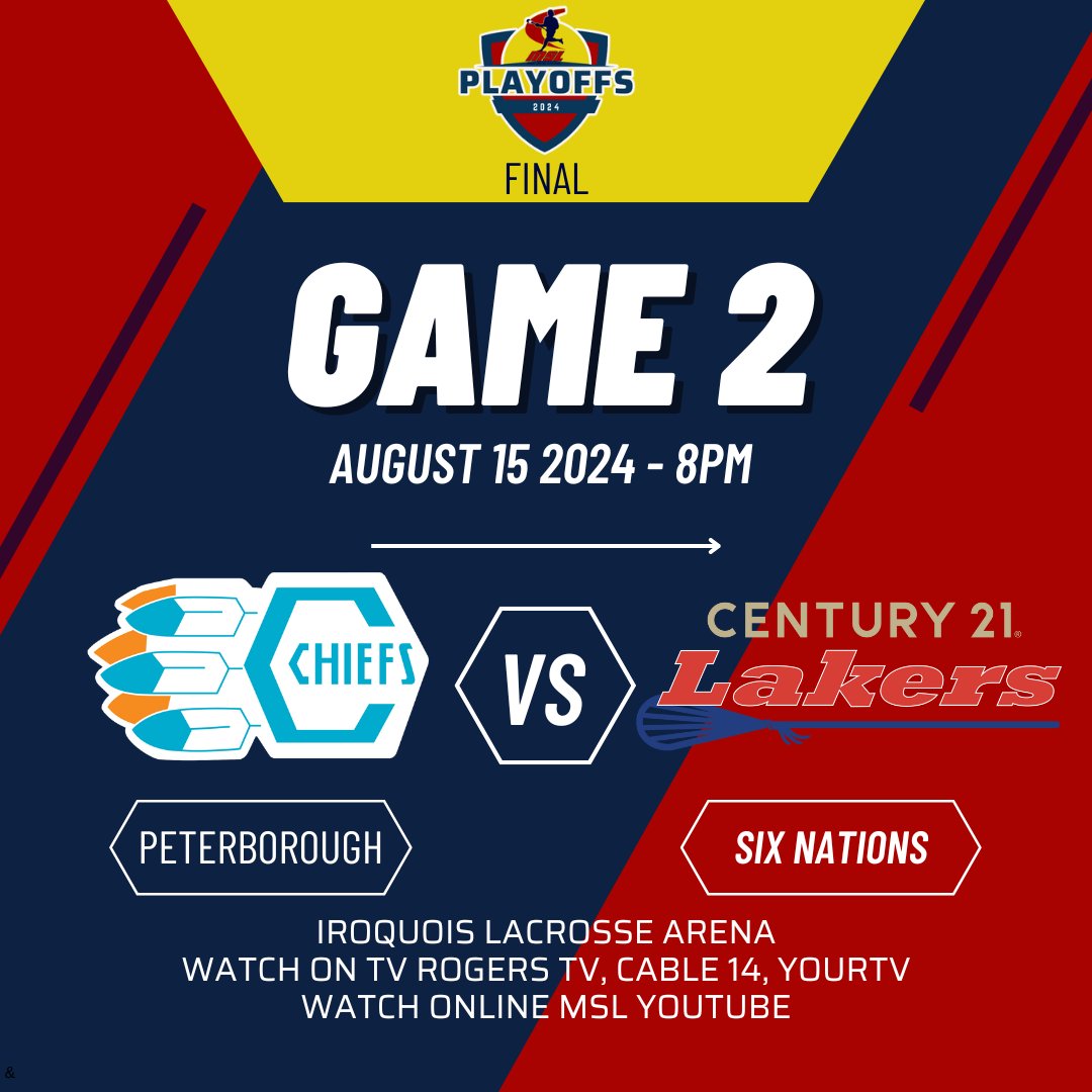 MajorSeriesLax's tweet photo. #MSLFinal Game 2
@SN_Chiefs VS @ptbolakerslax
8pm
TV @yourtvptbo @rogerstv20 @cable14
STREAM MSL YouTube
https://t.co/PD2cMSEr4Z https://t.co/B2jSh4wTuc