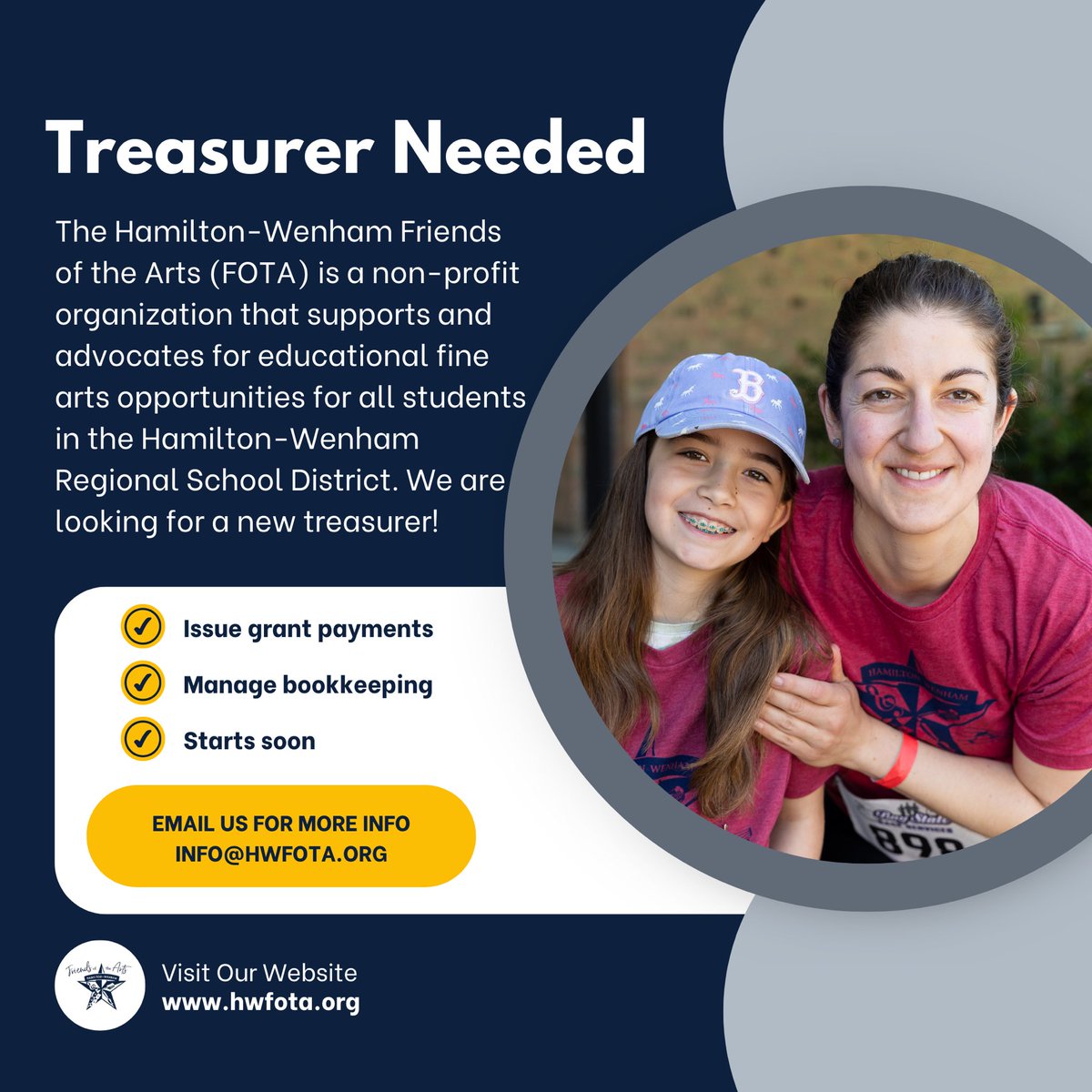 Hamilton Wenham Friends of the Arts is in need of a treasurer! Duties include issuing grant payments to the school district and managing the bookkeeping. Three Director Meetings this school year. Our current treasurer will train you! 
To inquire, email info@hwfota.org
