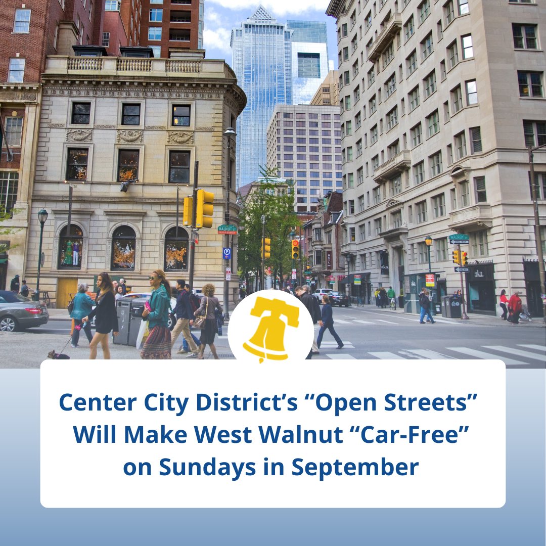 PhiladelphiaGov's tweet photo. Coming soon, @ccdphila with support from @RittenhouseRow, will bring ‘Open Streets’ to West Walnut every Sunday from September 8 through September 29.

Pedestrians are invited to stroll, shop and socialize on nearly seven blocks of car-free space.

Visit: https://t.co/zw6m2WC58a https://t.co/o3xmJr2vZn