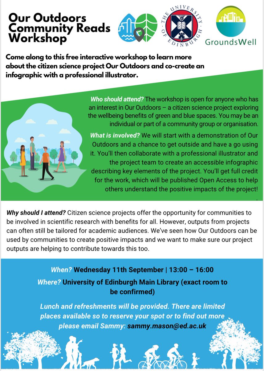 In Edinburgh, we’re holding a workshop to co-create an infographic for using Our Outdoors with community groups 🌳

Read the poster below for more info and get in touch to book your place! ✨

Please share with anyone who may be interested ☺️