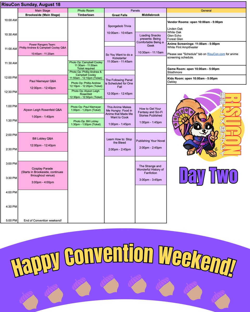 RisuConMCCCC's tweet photo. Plan your weekend! Use our schedule visual or see a list view at https://t.co/7dqnxW9AOP. Can't wait to see you in a couple days! 
#animecon #cosplaycon #comiccon #risucon #risucon2024 #marylandconvention https://t.co/A2dSMSkyRN