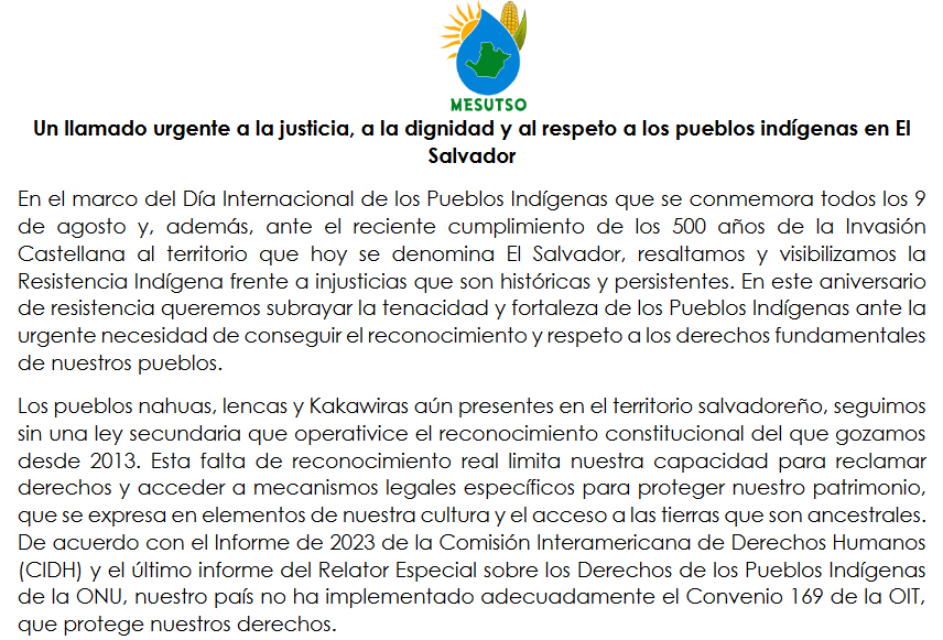 mesutso_sv's tweet photo. #Comunicado 
Día Internacional de los Pueblos Indígenas 
1/6 https://t.co/OgvUq9Qf96