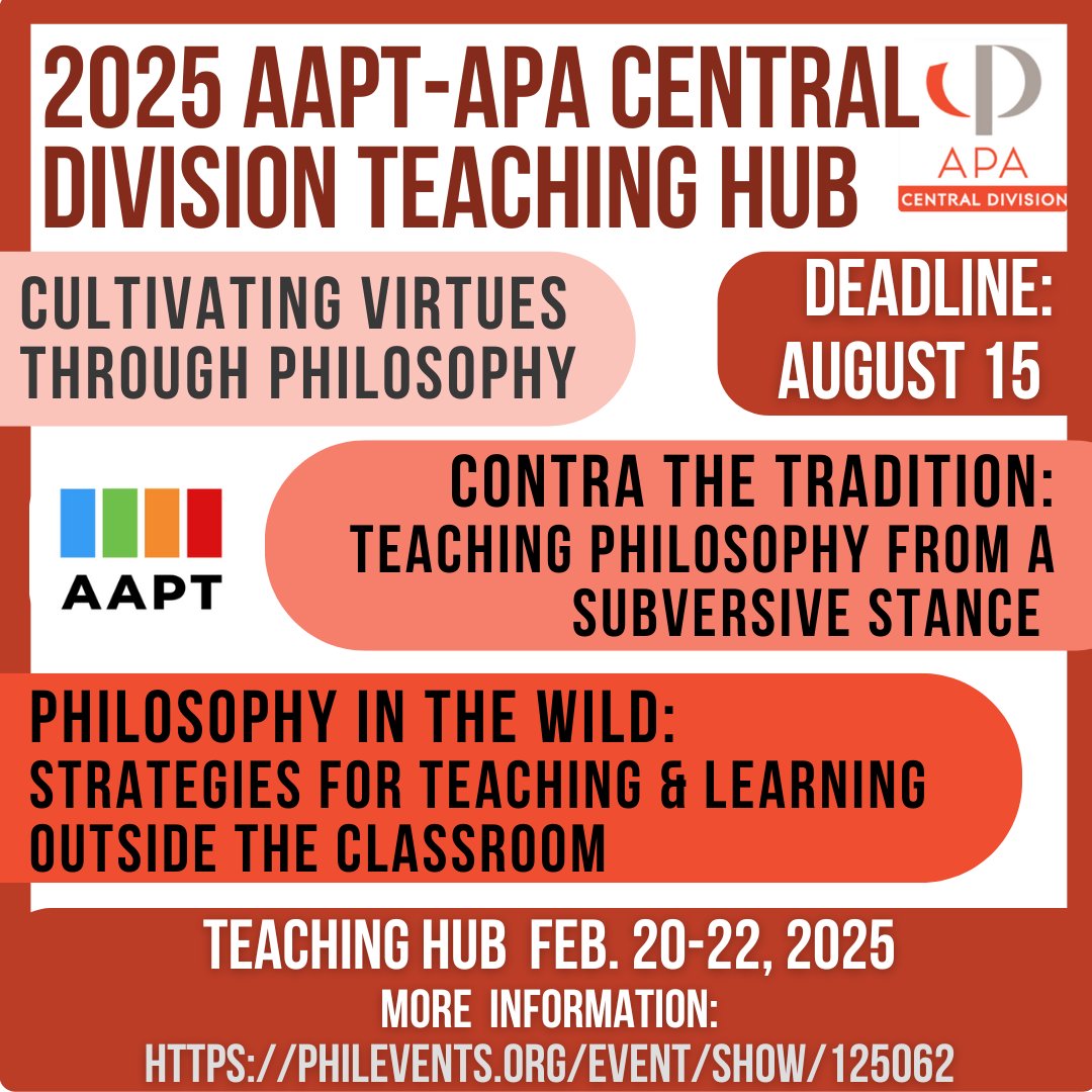 Angry_Cassie's tweet photo. Today (8/15) is the proposal deadline for the (virtual!) Central Division 2025 APA-AAPT Teaching Hub! Proposals should be 500-750 words, with presentations aimed at being highly interactive. Find out more &amp; how to submit here: https://t.co/umysvic0Jz https://t.co/3aoZfwVgBv