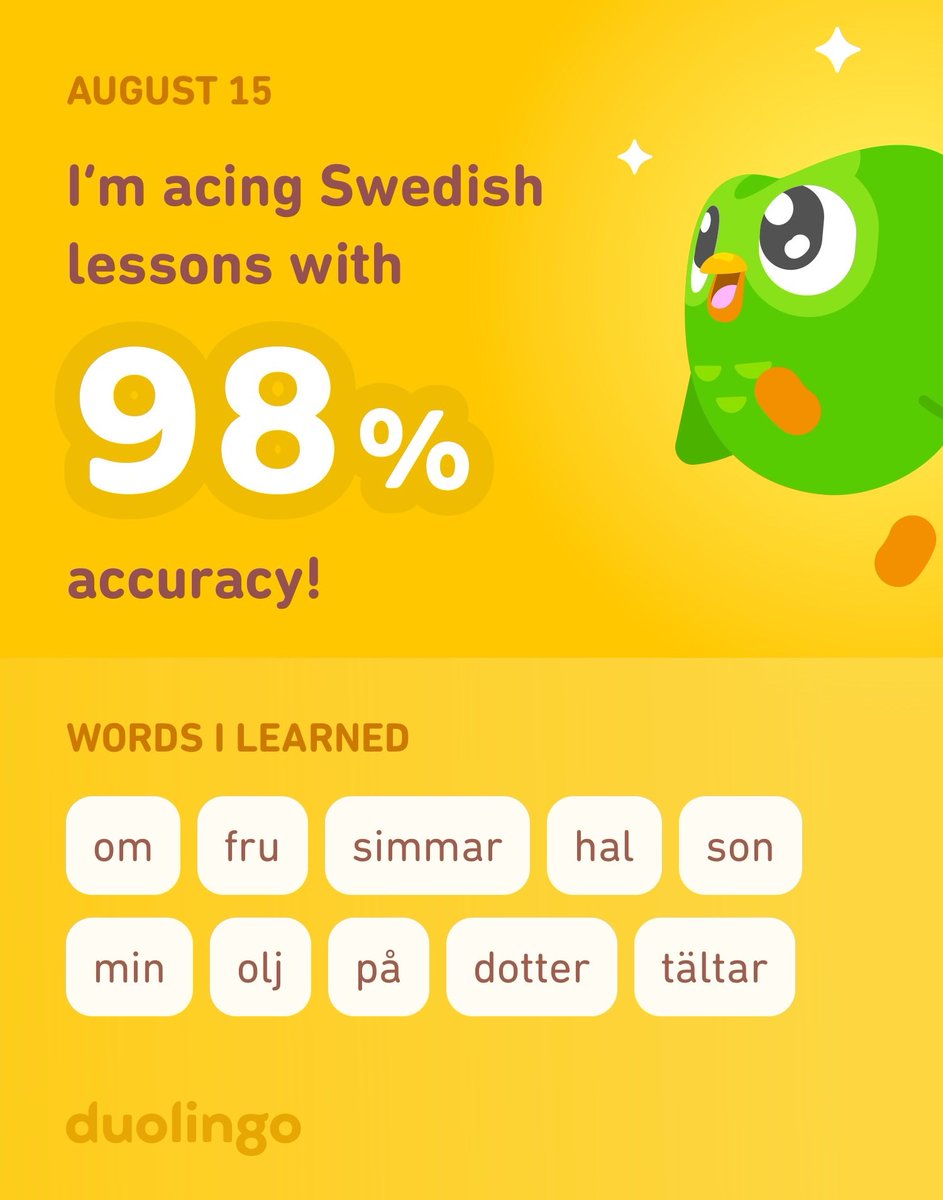 ConwayLee's tweet photo. I’m learning Swedish on Duolingo! It’s free, fun, and effective. https://t.co/XmxRl4iaKT