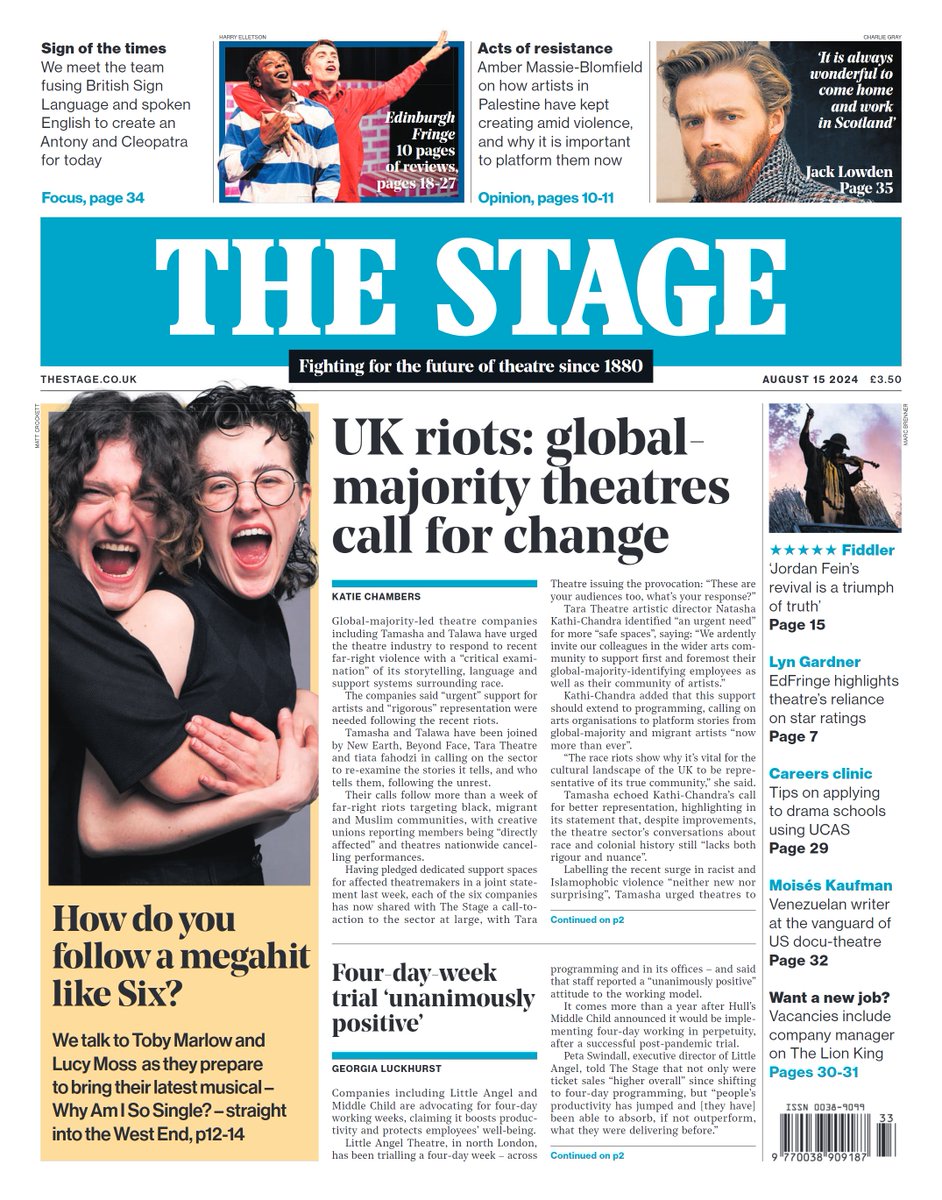 TheStage's tweet photo. This week's issue of The Stage is now live 🗞️

Read about the award-winning creators of mega-hit Six the Musical as they talk about their partially autobiographical new show, and read 10 pages of reviews from the Edinburgh Festival Fringe!

👉https://t.co/iWRIxJJwnL https://t.co/Ty7ydJlWLS