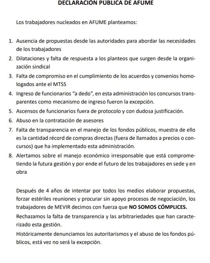 FFIPuNe's tweet photo. Compartimos comunicado de l@s compañer@s de AFUME, Asociación de Funcionarios de MEVIR.
@PITCNT1 https://t.co/H2csfiWO51