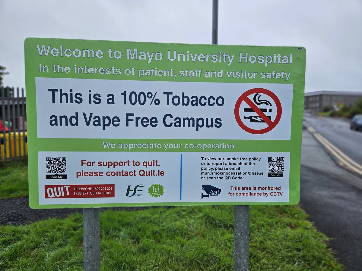 Mayo University Hospital would like to advise all patients, staff and visitors that the 'Smoke Free Campus' policy has been reinforced to emphasise its dedication to a healthy environment and illustrate the hospital's ongoing journey to being a smoke and vape-free campus.