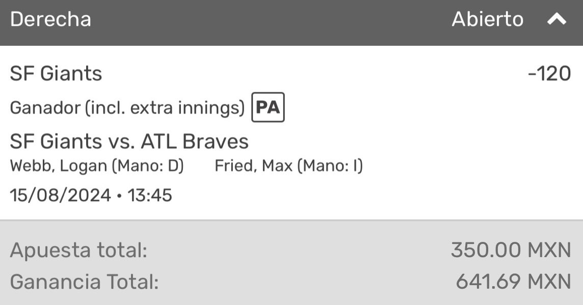 #MLB🇺🇸
🗓️Jueves 15/Agosto
1U = 💰$350

🔸Mariners ML [-135] (1u)
🔸Giants ML [-120] (1u)