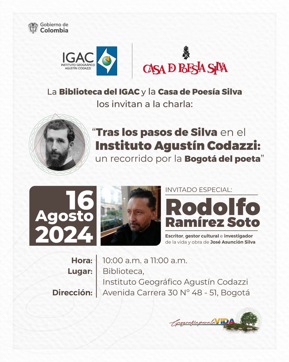 igacColombia's tweet photo. Mañana llega a nuestra Sede Central la charla que tenemos con @PoesiaSilva: "Tras los pasos de Silva en el Instituto Agustín Codazzi"🤩

Prepárate para descubrir la Bogotá del siglo XIX a través de los ojos del poeta José Asunción Silva, de la mano del escritor @SrImpresentable. https://t.co/Rp0vp5Hjn0
