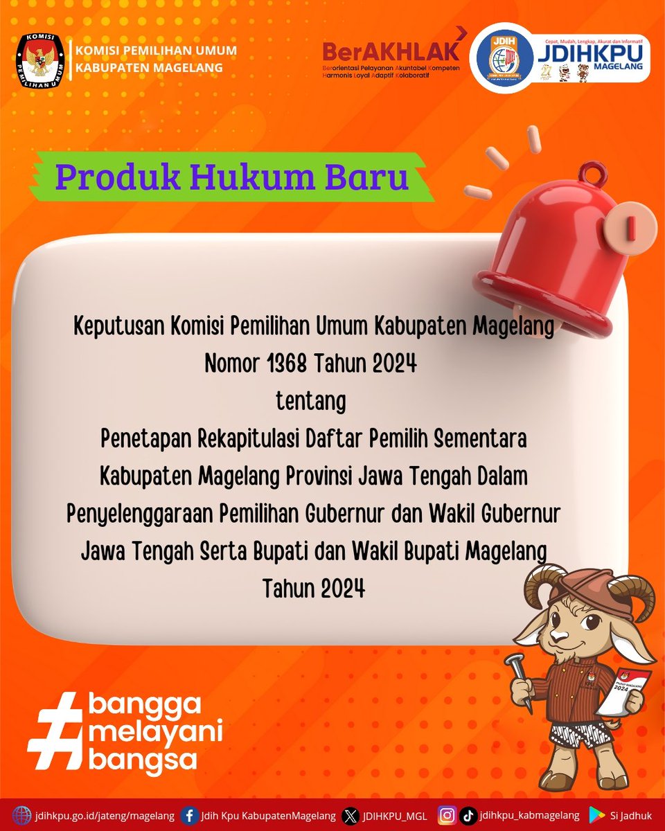 JDIHKPU_MGL's tweet photo. Hai #sobatjdihkpumagelang, diinformasikan bahwa pada hari ini informasi/produk hukum berikut telah dapat didownload di web JDIH KPU Kabupaten Magelang:

Keputusan Komisi Pemilihan Umum Kabupaten Magelang Nomor 1368 Tahun 2024 
Link : https://t.co/9vavaC2Wpz

Terima kasih https://t.co/I3aapF97c9