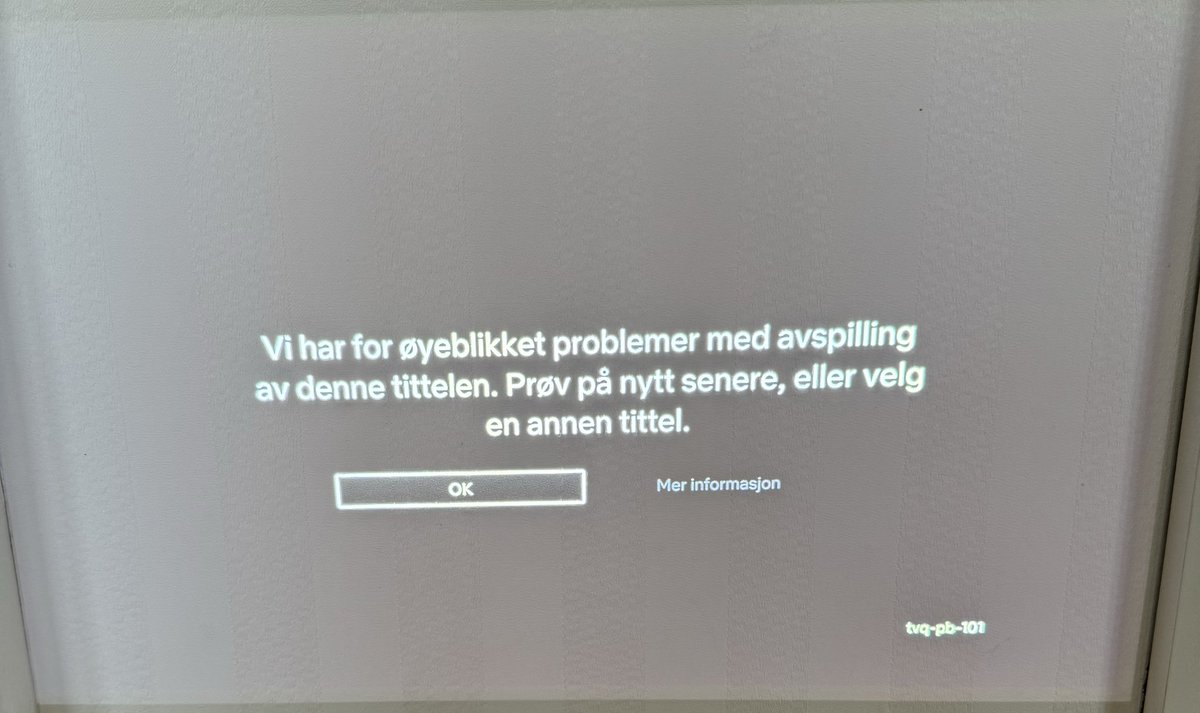 Twitterhjelpen: har kjøpt en projektor. XGIMI (Google/Android). Alle streamingapper virker. Bare ikke Netflix. Surfa og snakket med Netflix. Intet hjelper. Får vedlagte bilde hver gang jeg starter en film. Noen som har et råd.
